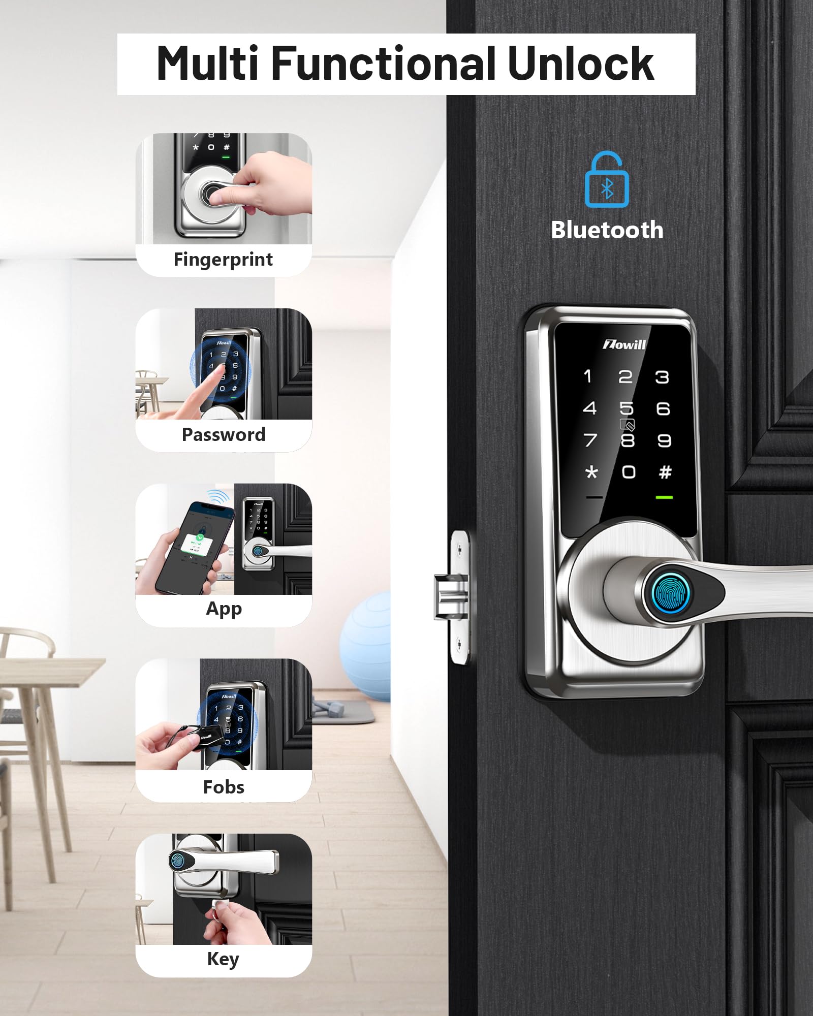 Zowill Smart Door Lock, Keyless Entry Door Lock With Handle, Fingerprint Deadbolt With App Control, Biometric, Auto Lock, Easy Installation