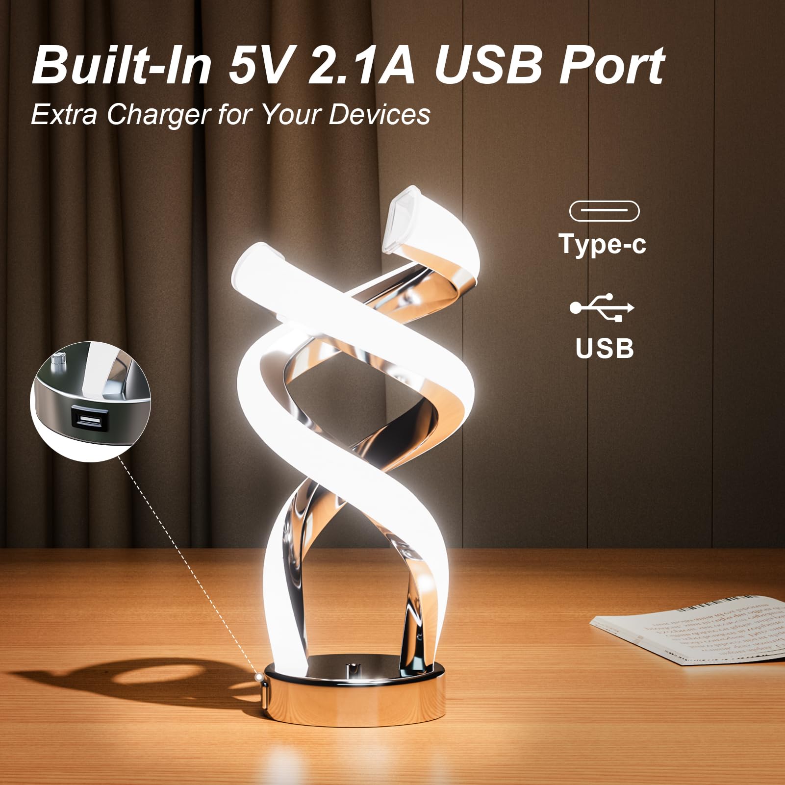 Booadiam Modern Table Lamp, Led Bedside Lamp With Usb Port, Touch Control Nightstand Lamp 10 Modes Dimmable Rgb Spiral Table Lamp, 24W, For Living Room, Bedroom, Unique Lamp, Cool Lamps For Ideal