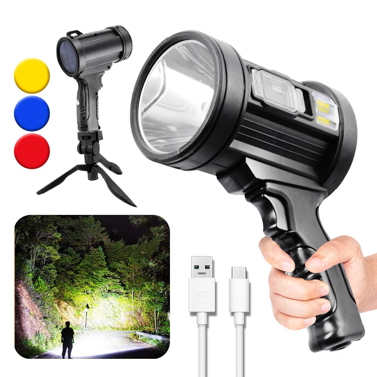 Jujingyang Rechargeable Spotlight,150000 Lumens Handheld Hunting Flashlight Led Flashlight And Solar Panels,3 Modes 4 Colors Waterproof,Lightweight Bright Searchlight For Hunting,Camping, Boating