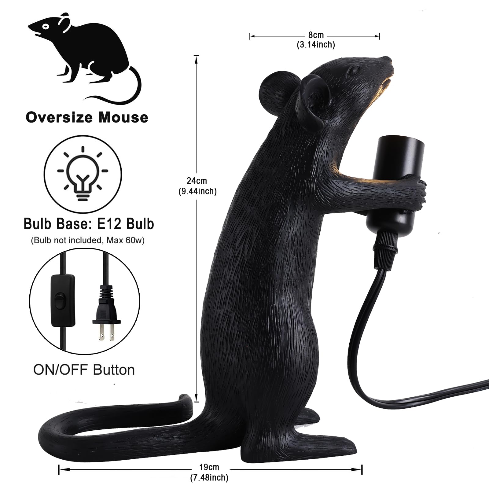Jorunhe Resin Mouse Table Lamp,Large Mouse Animal Desk Light, Creative Desk Lamp Lighting Fixture For Living Room, Bedroom, Office, And College Dorm Decor (Black)
