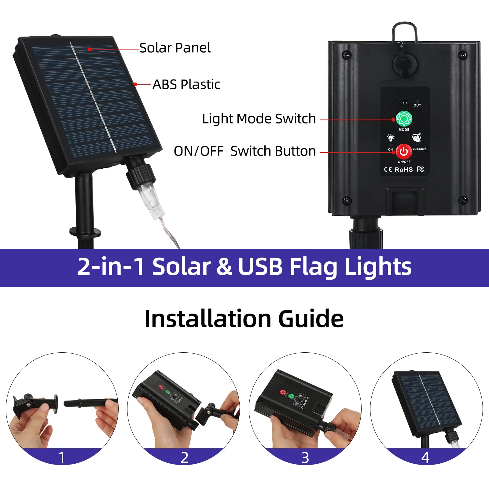 Green Convenience American Flag Lights With 390 Led String Light,2-In-1 Ft Usb & Solar Powered Us Flag Lights,4Th Of July Decorations,Waterproof Net Light For Independence Day National Day