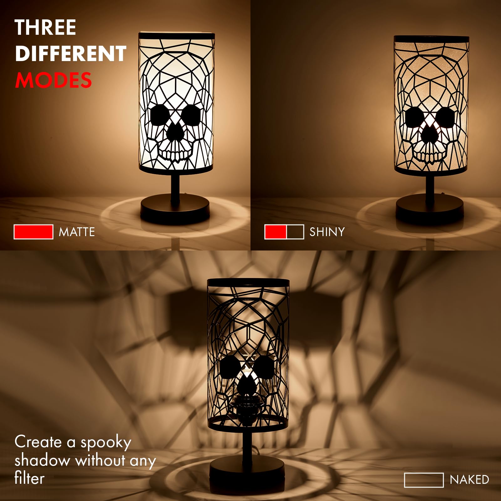 Gute Skull Face Shadow Lamp - Black Goth Skulls Lamps With 3-Dimmable Touch Switch Settings, Gothic Table Lamps, Skulls Home Decor Plug In Light With Round Skeleton Design, Horror Lamp Spooky