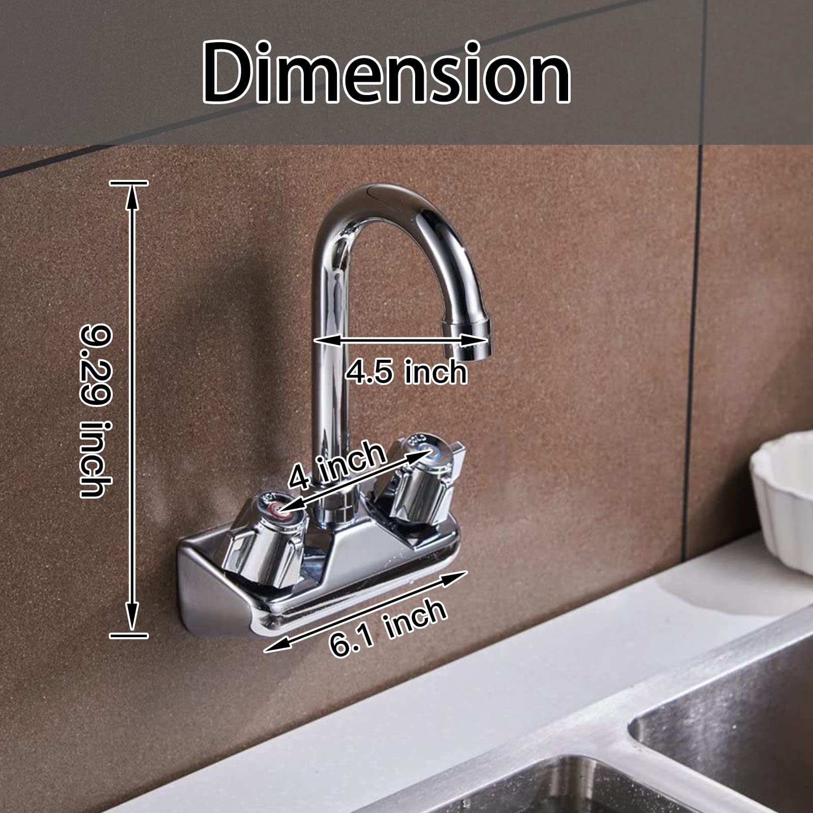 Bathfinesse Kitchen Sink Faucet Wall Mount 4" Center Commercial Kitchen Sink Faucet With 3-1/2" Gooseneck Spout Two Knob Handles Brass Constructed Mixer Tap Chrome Polished