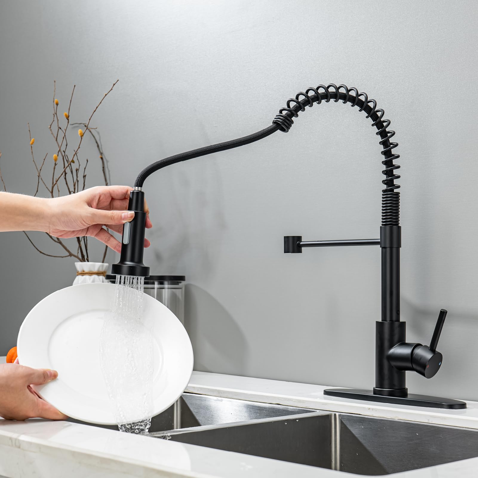 Senzibser Kitchen Faucet With Pull Down Sprayer Kitchen Sink Faucets Single Handle Pull Out Spring Kitchen Faucet Black Stainless Steel Deck Mount Kitchen Faucets For Farmhouse Camper Utility Rv Sinks