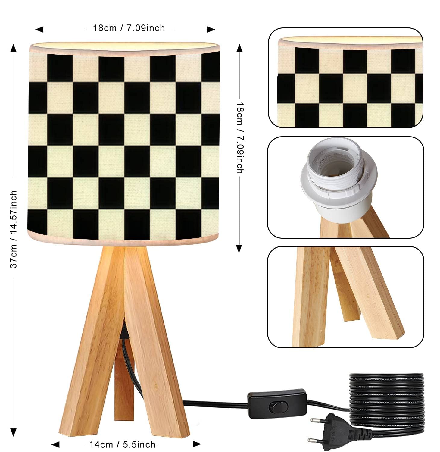 Oepwqiwepz Tripod Bedside Desk Table Lamp Black White Checkered Seamless Endless Racing Flag Texture Wood Nightstand Lamp With Linen Fabric Shade For Nursery Bedroom Living Room Kids Room