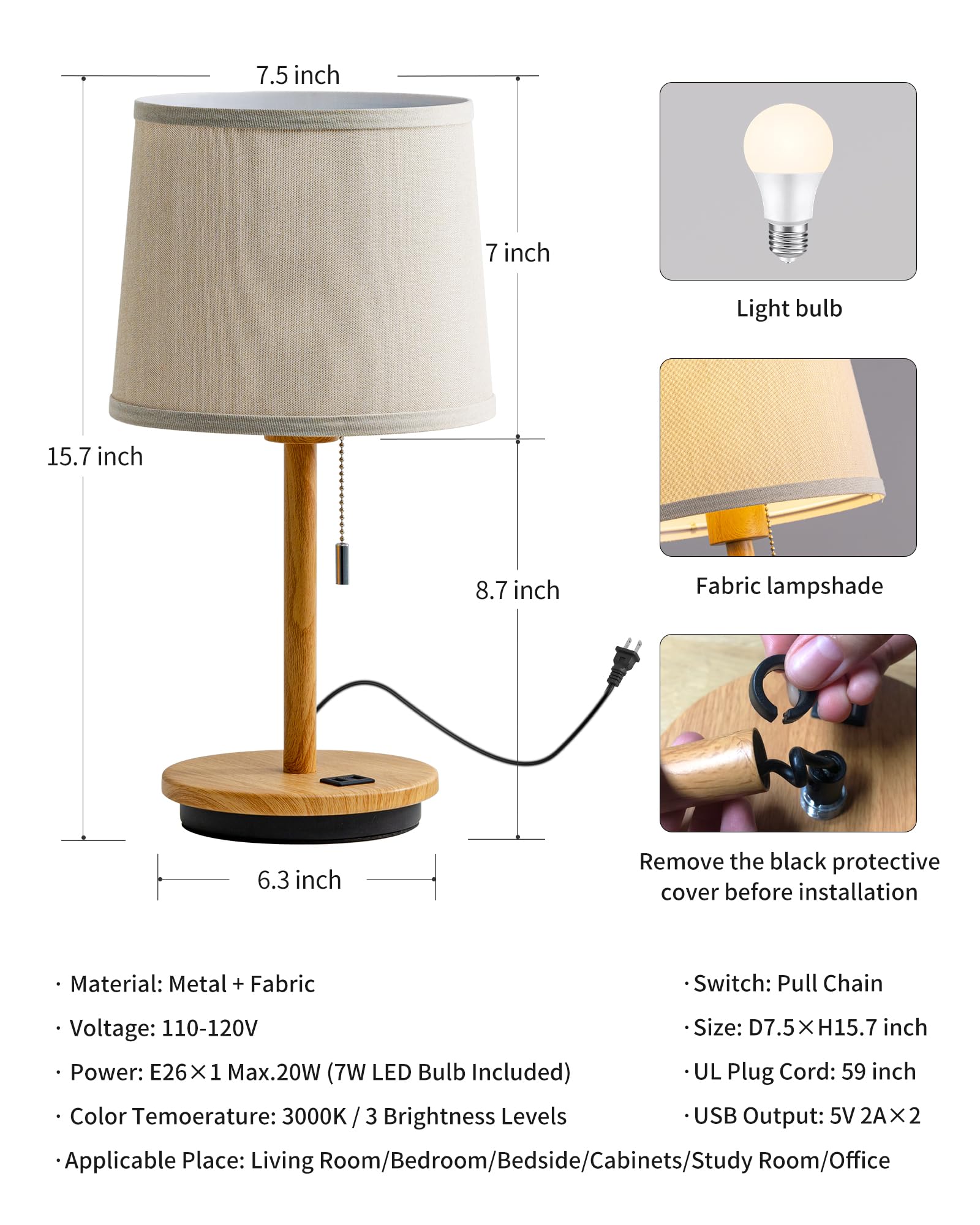 Visdanfo Modern Table Lamp For Bedroom Set Of 2, Desk Lamp With Usb Port, Fabric Shade 3 Brightness Levels Nightstand Lamps For Living Room, Bedside, Study Room, Dorm, Led Bulb Included (Flaxen)