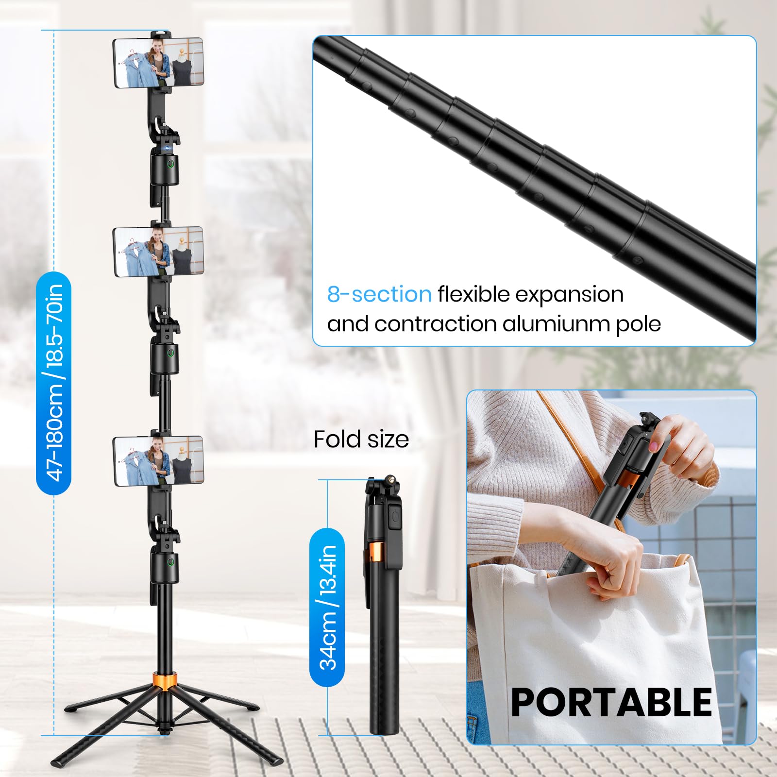 Suteng Auto Face Tracking Tripod 360°Rotation Rechargeable Phone Tripod Stand 70" Extendable Smart Shooting Phone Stand With Remote And Gesture Control, No App, For Iphone Vlog Live Video Recording.