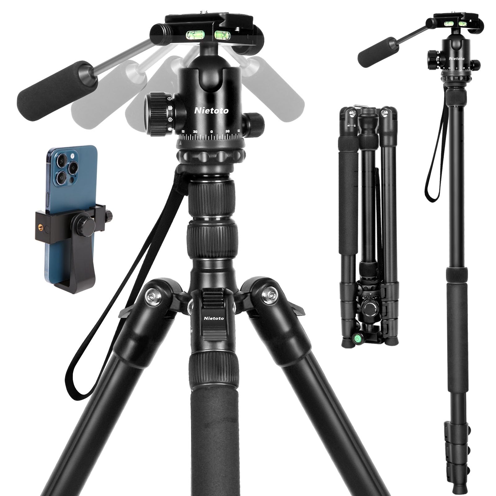 Nietoto 68" Tripod For Camera, 2 In1 Camera Tripods & Monopods With Removable Handle, Professional Cnc Ball Head Video Tripod, Heavy Duty Tripod For Dslr Camera Lasers Spotting Scope Binoculars Telescope