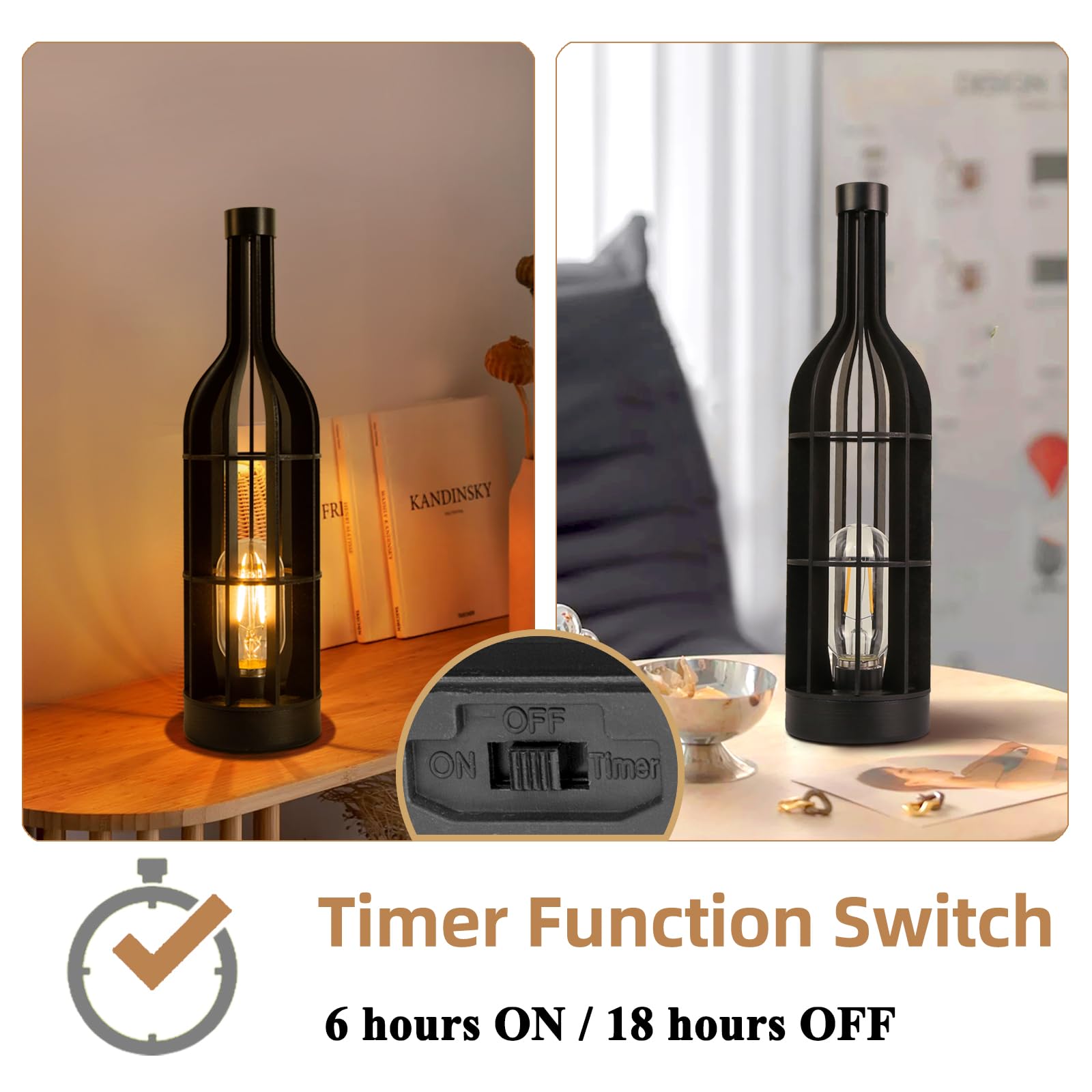 Mj Premier Battery Operated Cordless Lamps Timer, Wooden Wine Bottle Shape Table Lamp, Portable Emergency Lamp For Area No Plug, Decorative Accent Lamp For Tabletop/Corner/Entryway/Stairway/Bathroom (Jet Black)