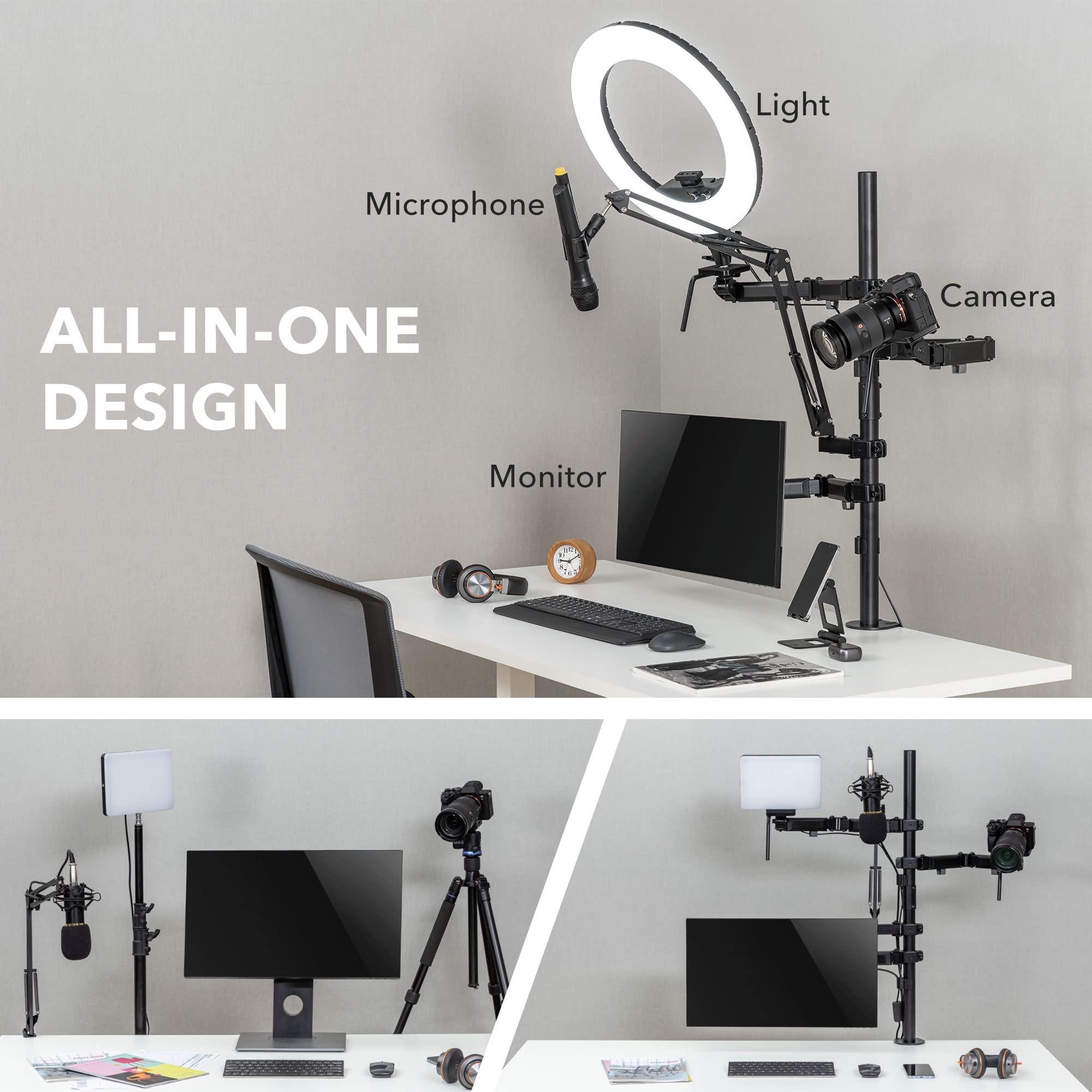 Mount-It All In One Live Streaming Equipment 4 Arm Desk Mount That Holds Monitor, Cameras And Ring Light With Mic Desktop Stand Set, Youtube Setup For Recording Facebook