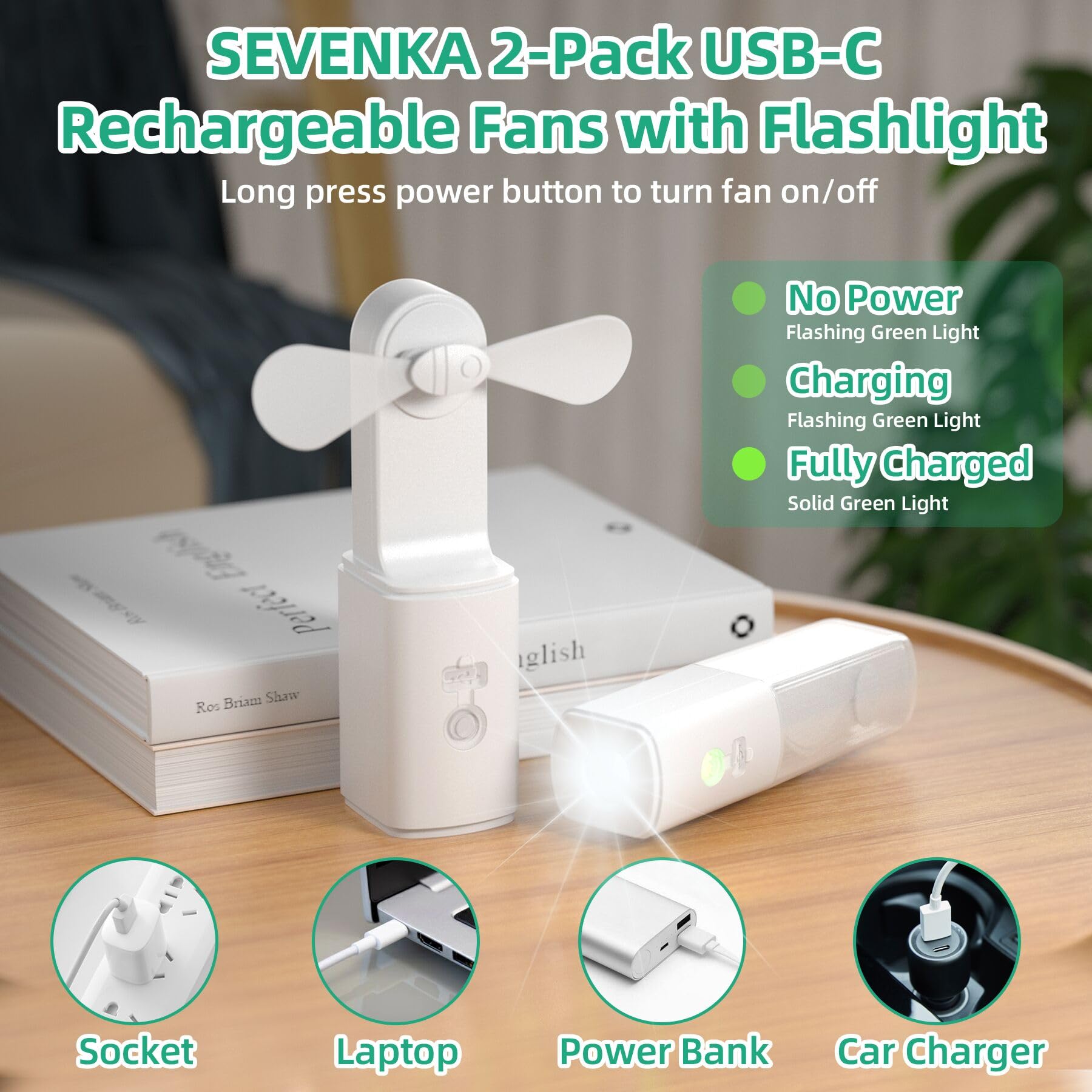 Sevenka 2-Pack Rechargeable Fan With Flashlight, 2In1 Mini Handheld Fans With Light, Pocket Usb-C Rechargeable Hand Fans, Portable Fans Cooling And Lighting Solution For Summer Travel Camping Outdoor