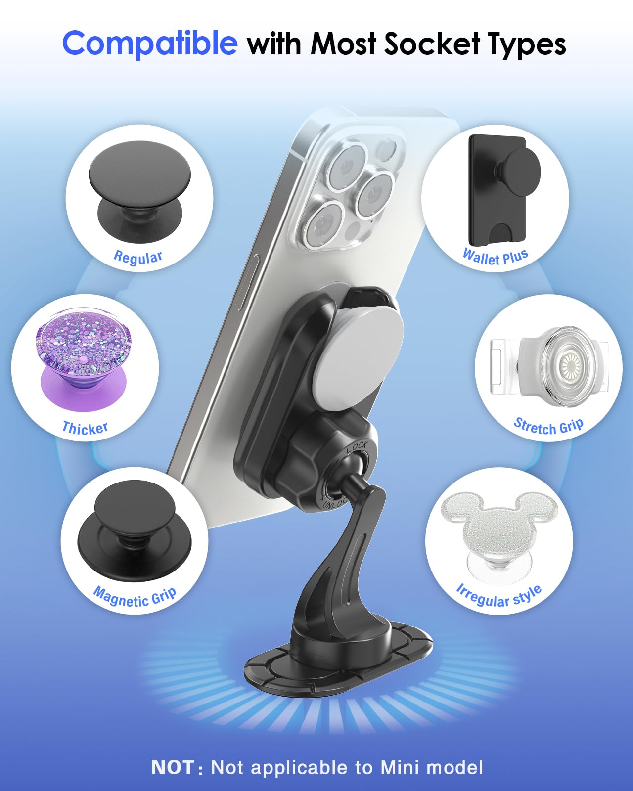 Pop-Tech Car Mount For Socket Grip, Dashboard Adhesive Phone Holder Mount For Phone Grips Stand, Compatible With Popwallet Magsafe Iphone Card Holder, Rotatable Soft Base