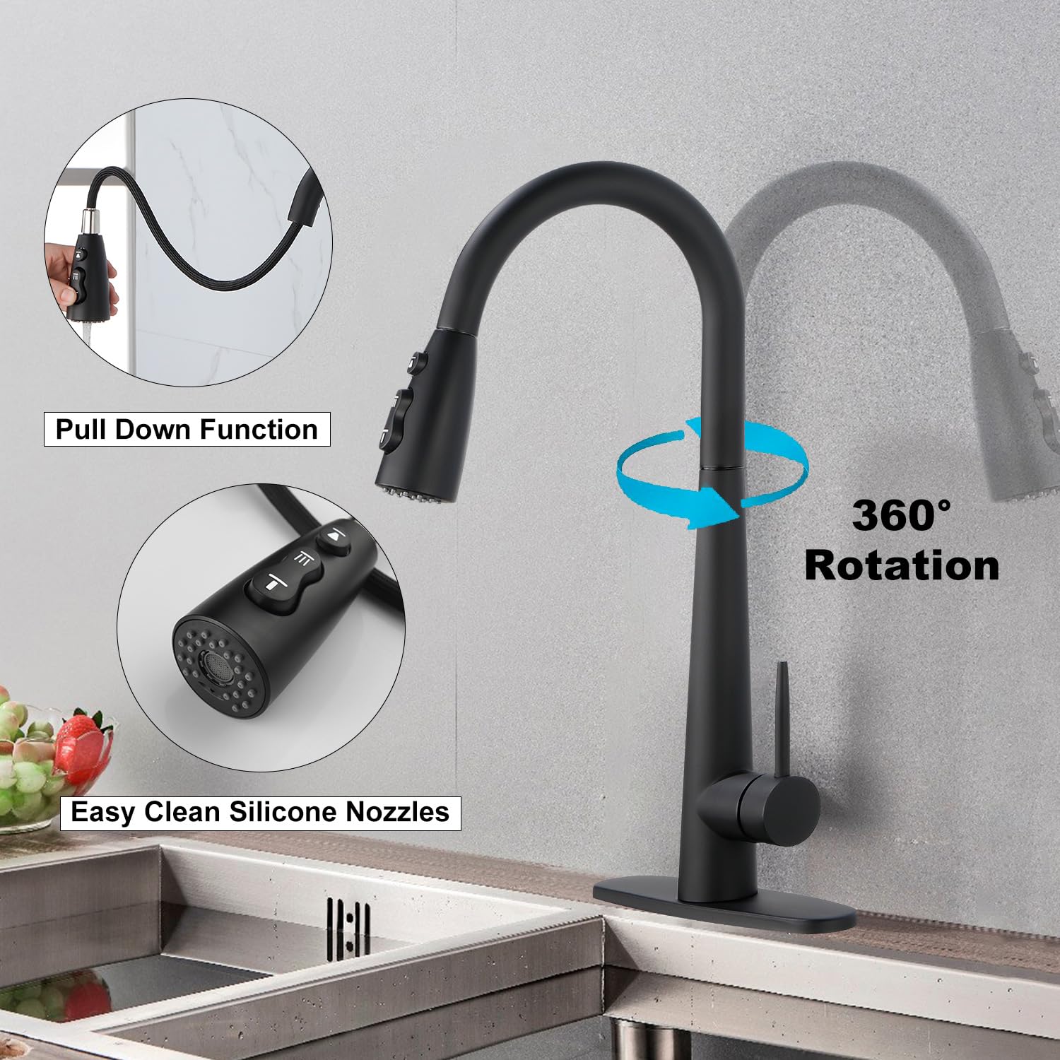 Vacolitel Single Hole Deck Mount Kitchen Sink Faucet With Pull Out Sprayer (Matte Black)