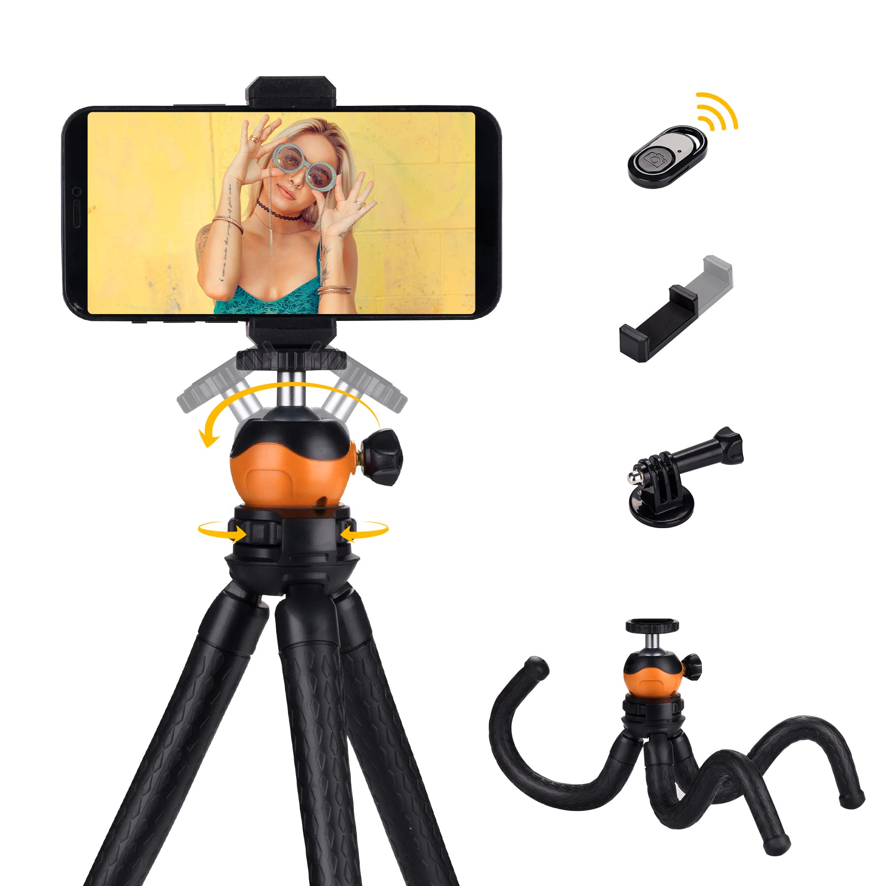 Phosnova Cell Phone Tripod Stand, Portable Flexible Tripod For Iphone With Wireless Remote, Camera Tripod, Double 360°Rotation Adjustable Mini Tripod For Iphone/Android/Gopro/Ipad/Dslr, Orange