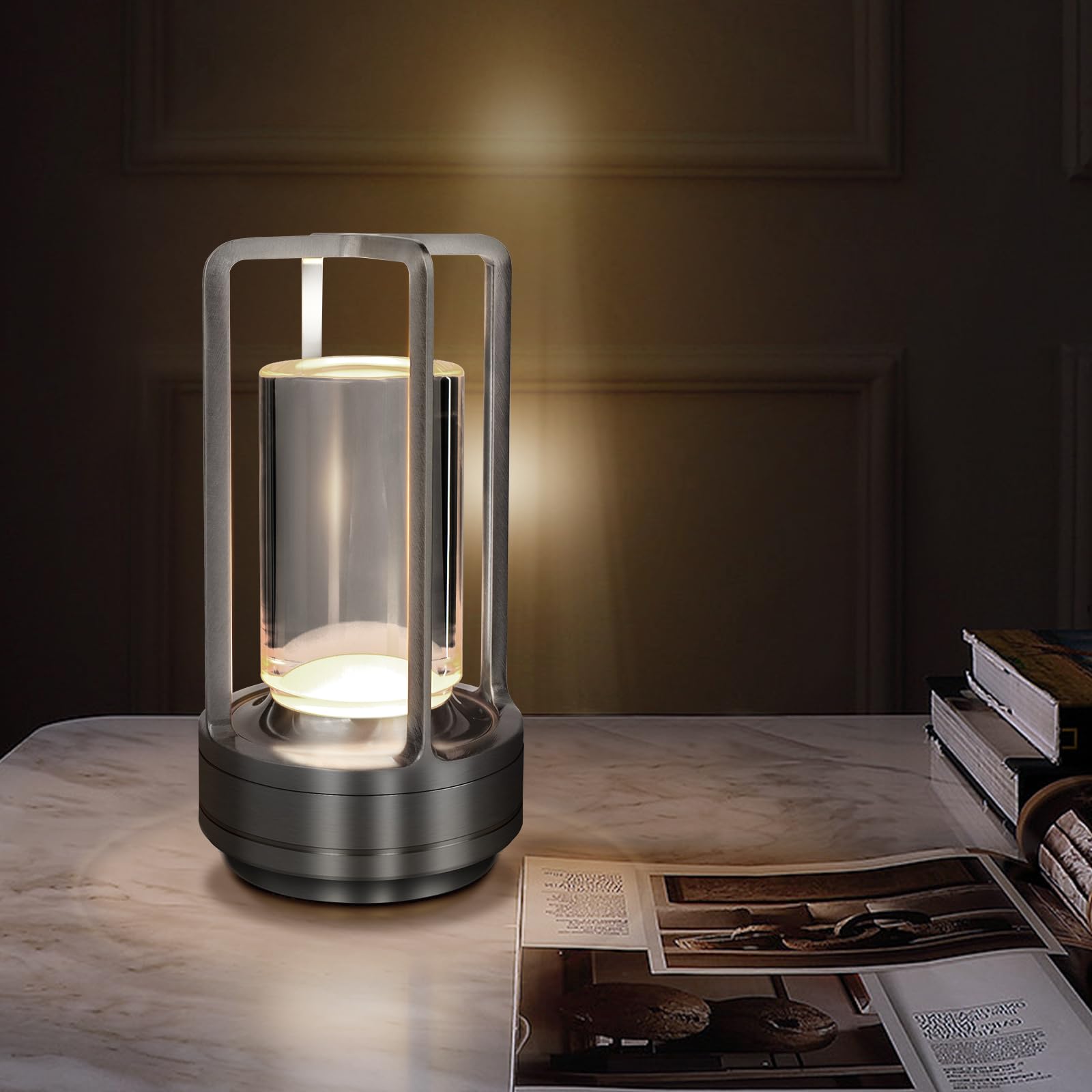 Suteng Cordless Table Lamp For Outdoor Indoor, Portable Metal Desk Lamp, Rechargeable Led Crystal Lantern Lamp, 3 Color Stepless Dimming Touch, Battery Powered Table Light For Bedroom Restaurant (Black)