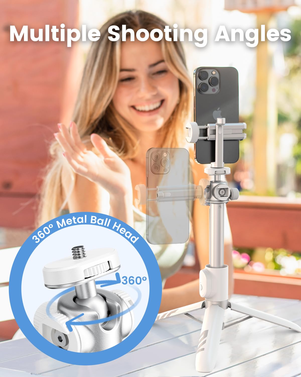 Kraftgeek Vlogging Tripod For Phone And Camera, 48" Phone Tripod Stand With 3 Cold Shoes For Lights And Microphones (Both Are Not Included), Selfie Stick With Remote For Video Recording, White