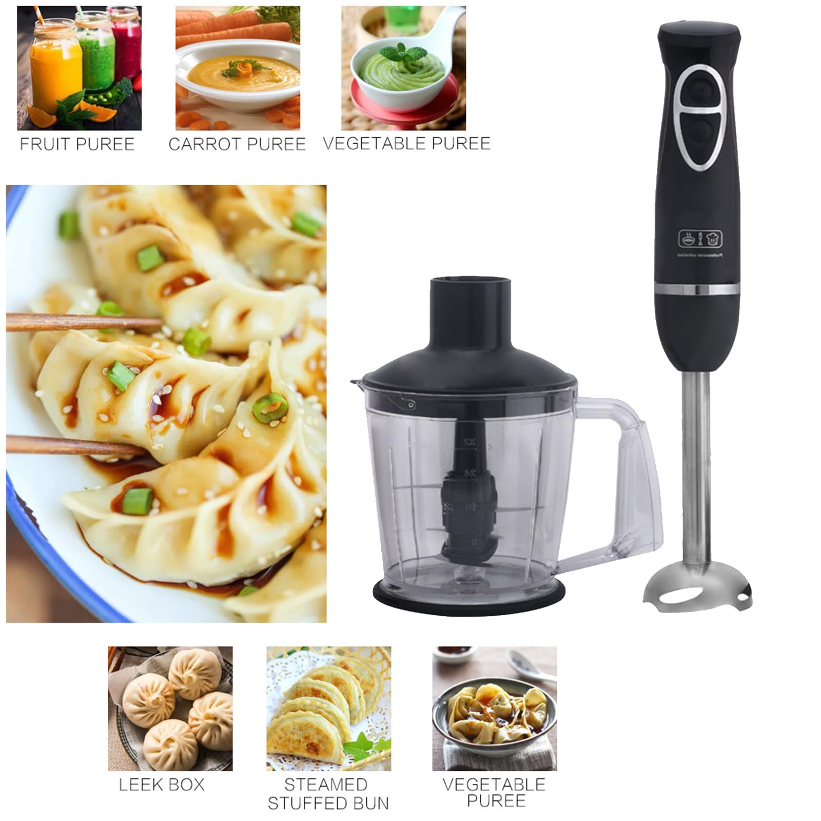 Uniqus Handheld Immersion Blender With 2-Speed Stirrers Electric Whisk Kitchen Essentials Set For Food Sauces Soups Includes Egg-Beater, Muddler, Cuisine Cup, Chopped Meat Bowl 4-In-1 Hand Blender