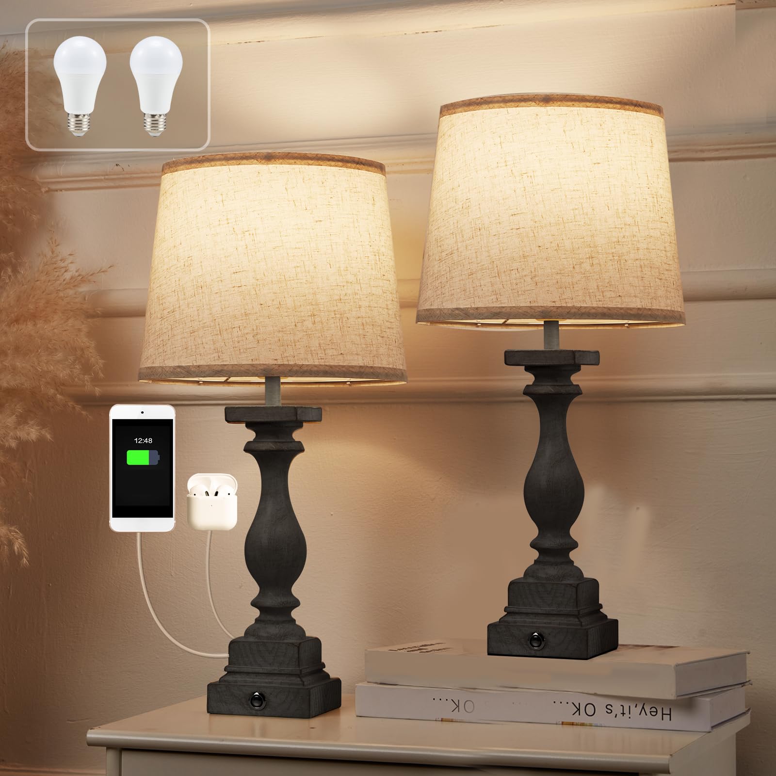 Bupplee Touch Lamps For Bedroom Set Of 2,Bed-Side Table Lamps With 2 Usb Ports, Bedroom Lamps With 3- Way Dimmable,23" Tall Table Lamps For Living Room/Night-Stand, Bonus 2 Bulbs