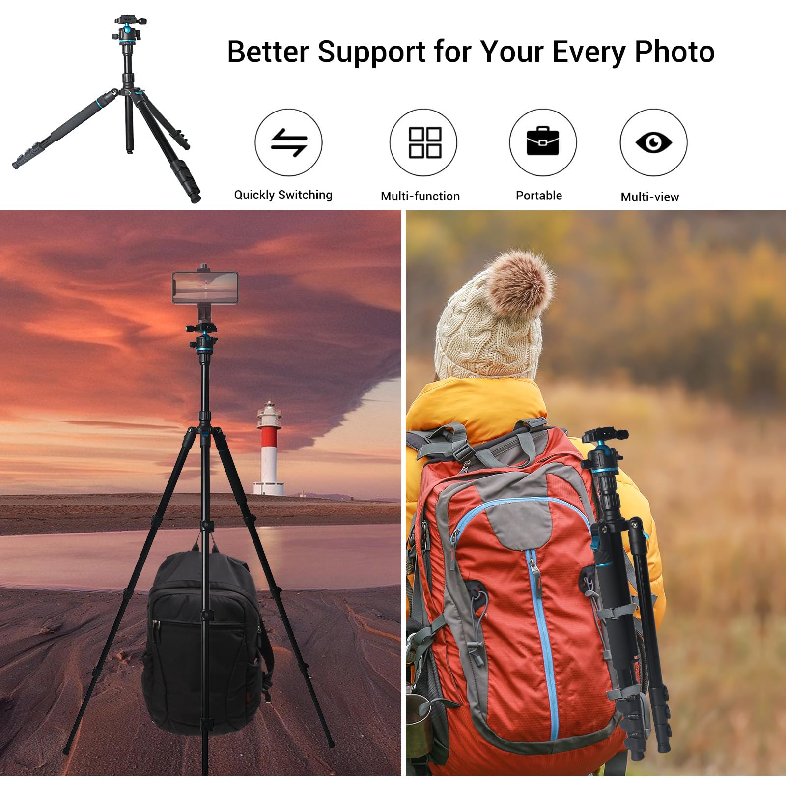 Jafuqaw Camera Tripod,68" / 174Cm Lightweight Travel Tripod & Monopod With 360°Ball Head Payload 15 Lbs,Adjustable Height From 17" To 68" Professional Tripod For Dslr Camera Shooting