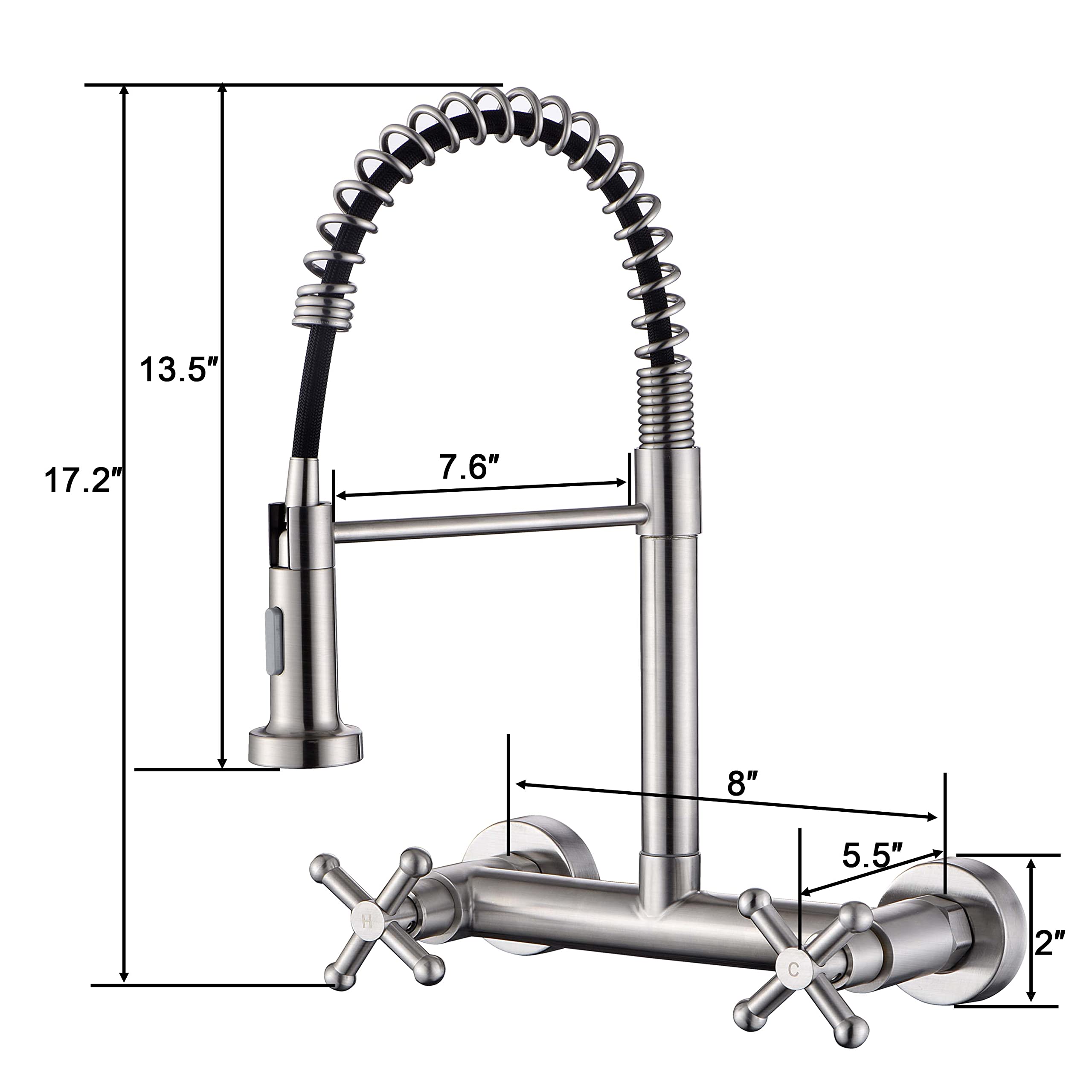 Hosilova Wall Mount Kitchen Sink Faucet With Pull Out Sprayer Tow Function Commercial Spring Faucets 2 Industrial Handle High Arc Center Kitchen Faucets, Brushed Finish