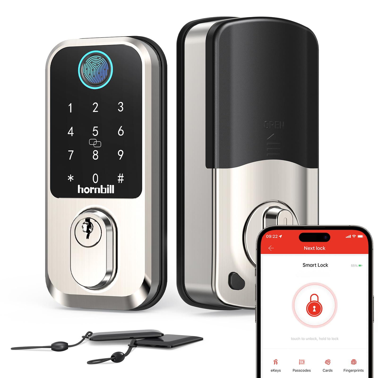 Hornbill Wi-Fi Smart Deadbolt Keyless Entry: 9-In-1 Smart Lock For Front Door, Smart Deadbolt Lock, Electronic Keypad Code Fingerprint Unlock, Works With Alexa For Home Office Hotel, Satin Nickel
