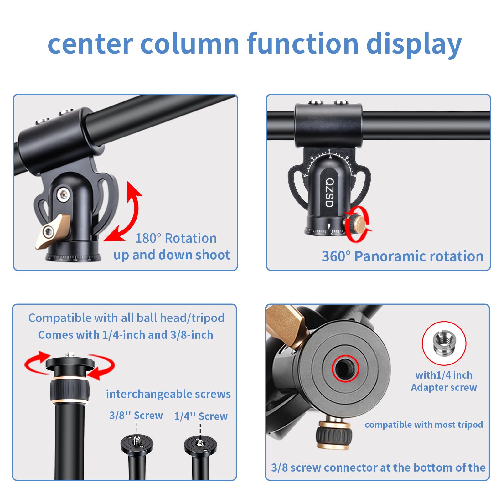 Qzsd 41" Aluminum Tripod Extension Arm Retractable Horizontal Center Column Arm With 1/4'' And 3/8'' Scerws, 360° Rotatable For Overhead, Multi-Angle Photography,Load Up To 33Lbs,Tripod Not Included