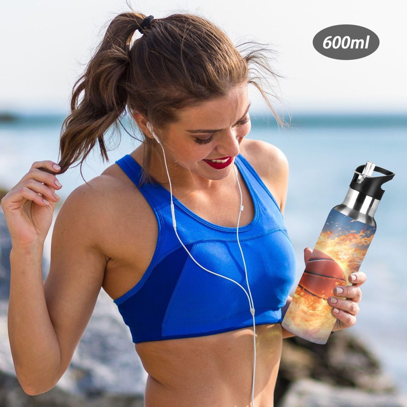 Water Bottle With Straw Lid Leak Basketball With Snow And Fire Stainless Steel Metal Double Wall