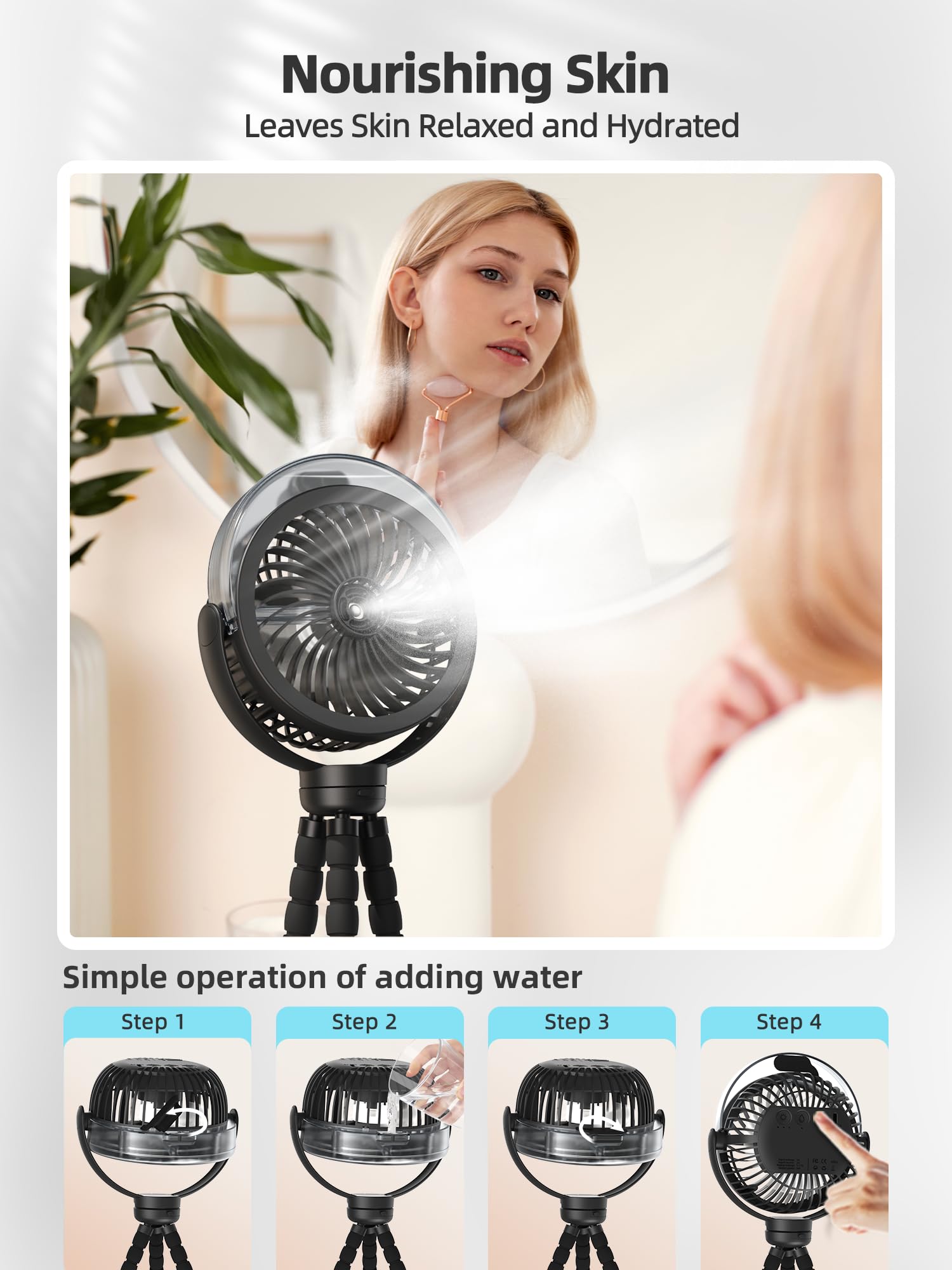 Misting Stroller Fan, 6000Mah Battery Operated Portable Fan With Light & 360° Pivoting