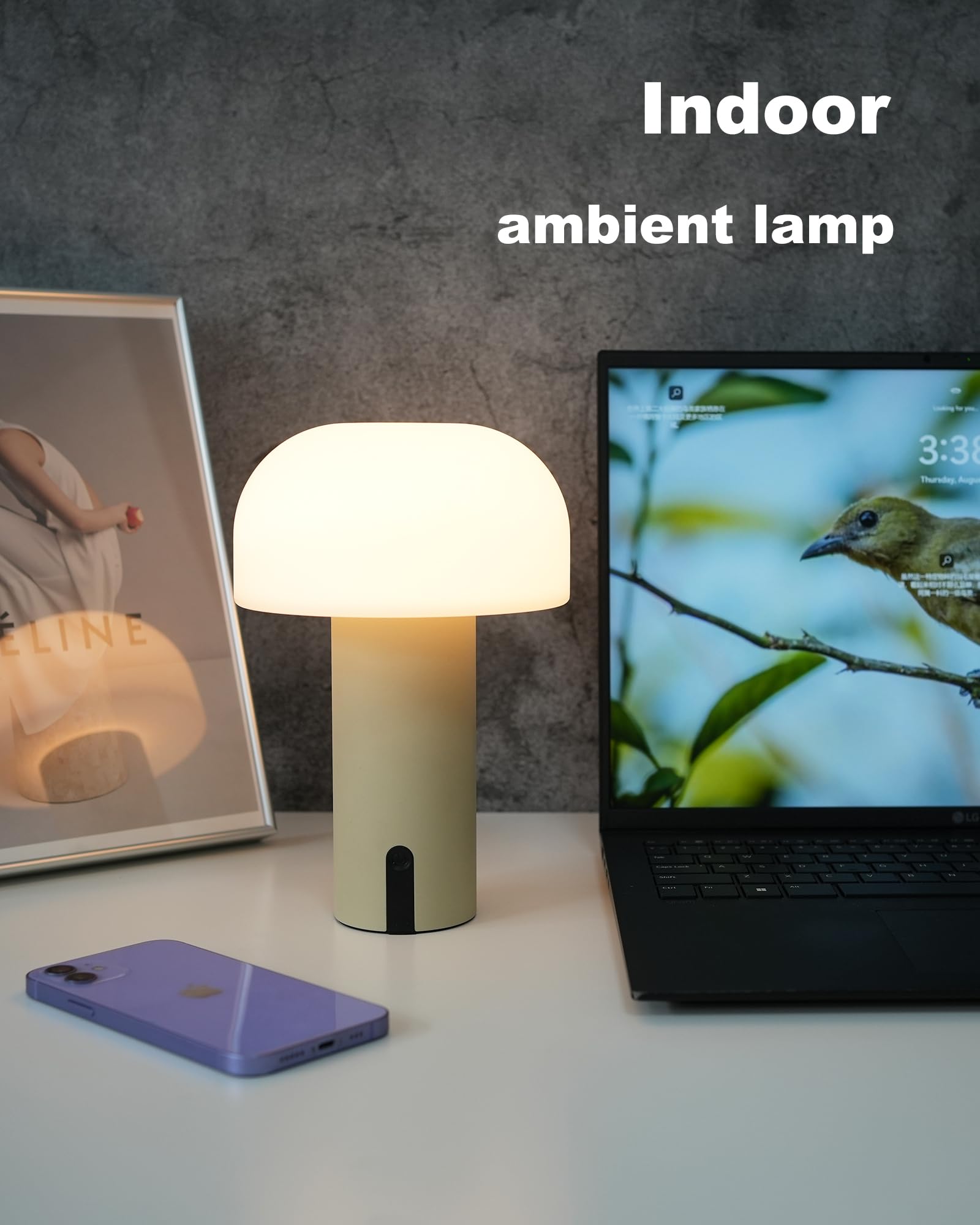 Weilailux Cordless Mushroom Table Lamp, Waterproof Shower Lamp, Battery Operated Table Lamp Rechargeable, Touch Dimmable Night Light For Bedroom/Patio/Camping/Dinning/Outdoor (Khaki)