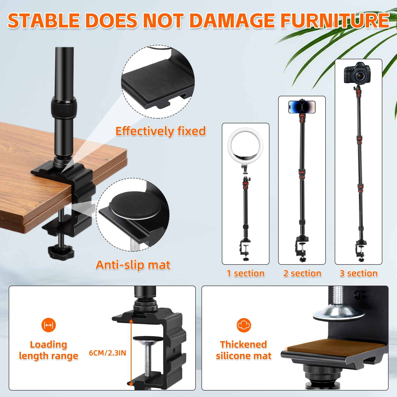 Taisioner Overhead Camera Desk Mount Stand-3-Section Adjustable Boom Arm With C-Clamp 360° Ball Head 5Lb Load Capacity Compatible With Dslr,Webcam,Lights,Microphone Live,Youtube,Online Courses