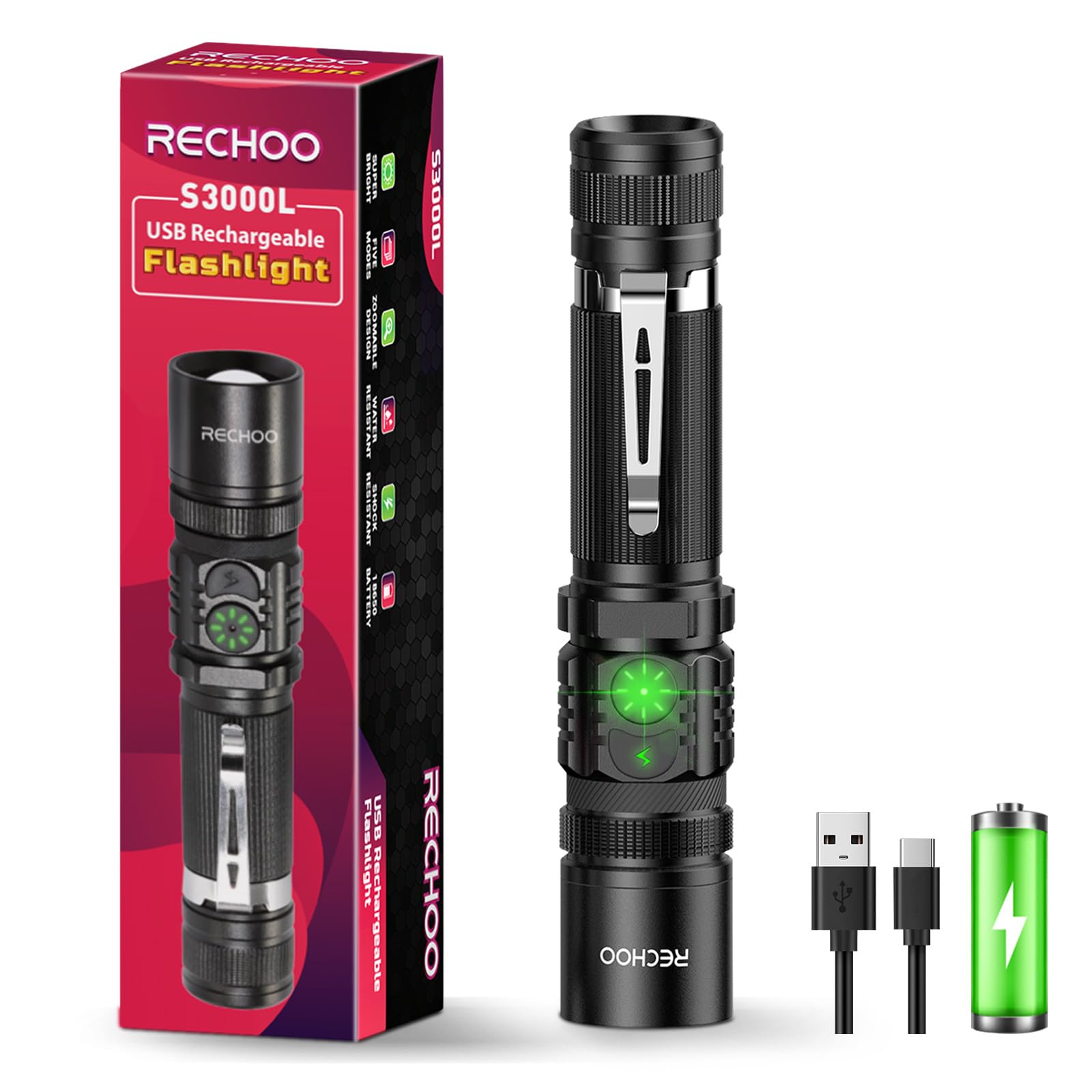 Rechoo Rechargeable Flashlights High Lumens, Double Switch S3000L Led Flashlight, Super Bright 5 Modes Zoomable Waterproof Edc Flashlights For Home, Emergncies, Camping(Battery Included)