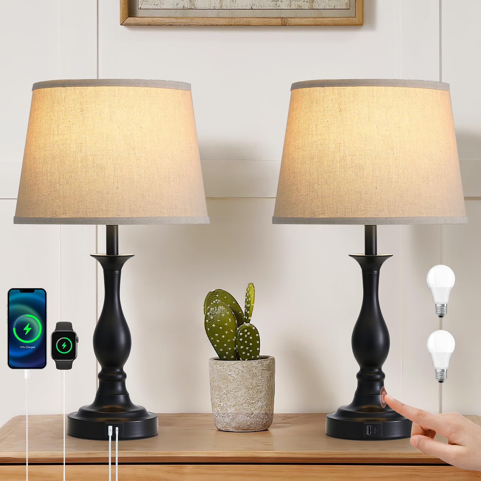 Lauag Bedside Table Lamp Touch Control Bedroom Lamps With Usb-C Usb-A Charging Port 3 Way Dimmable Touch Lamps For Nightstand Living Room Bedroom Dorm Home Office Reading, Set Of 2