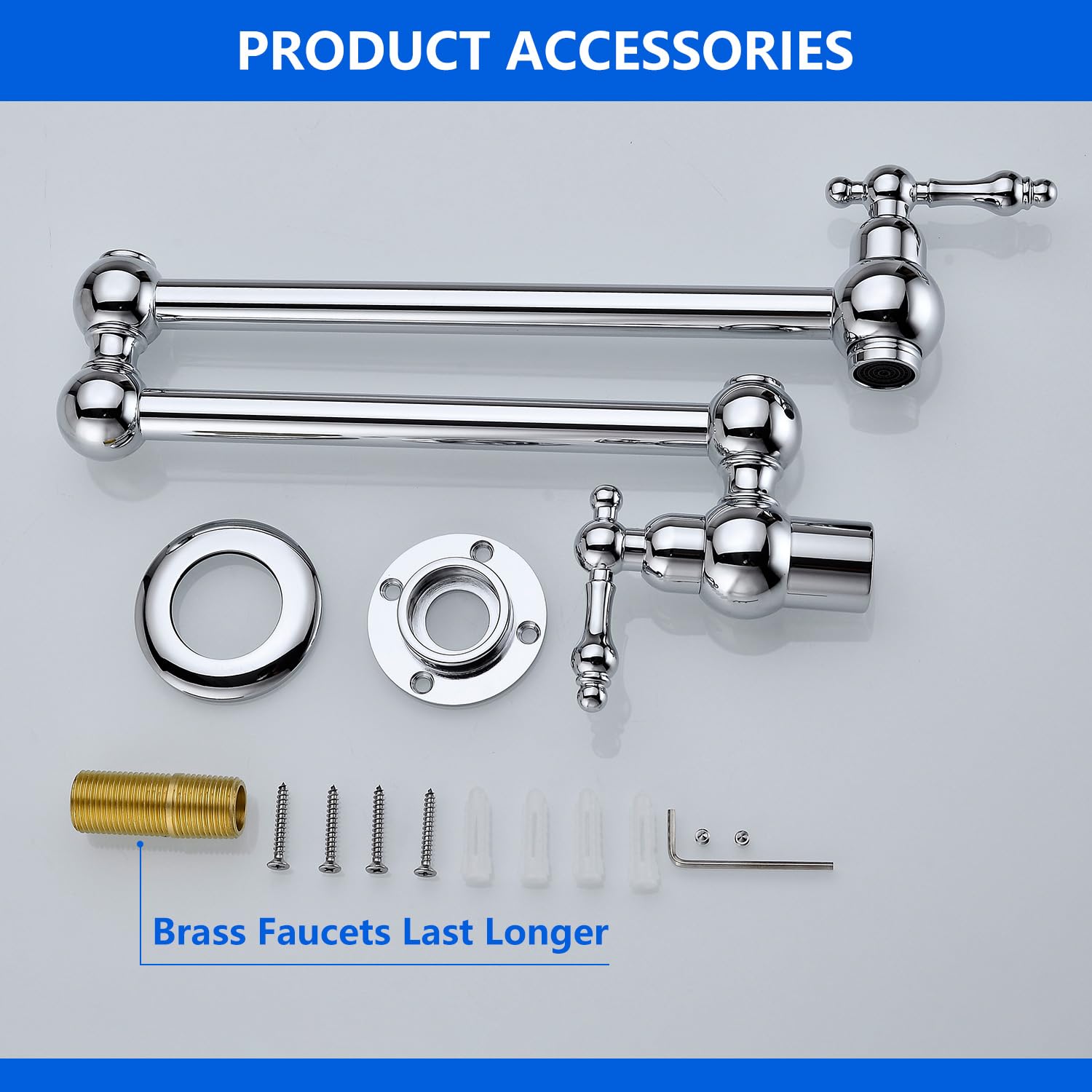 Vacolitel Pot Filler Wall Mount Folding Stretchable Kitchen Restaurant Faucet Brass Pot Filler Double Joint Swing Arm Two Handles (Chrome)