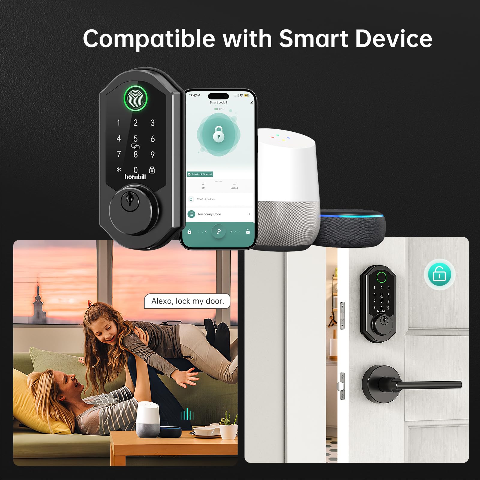 Hornbill Smart Front Lock Set Fingerprint: Wifi Deadbolt With Code App Keypad Keyless Entry Door Lock With Handle Lever Combo - Touchscreen Electronic Digital Remote Control For Front Door, Matt Black