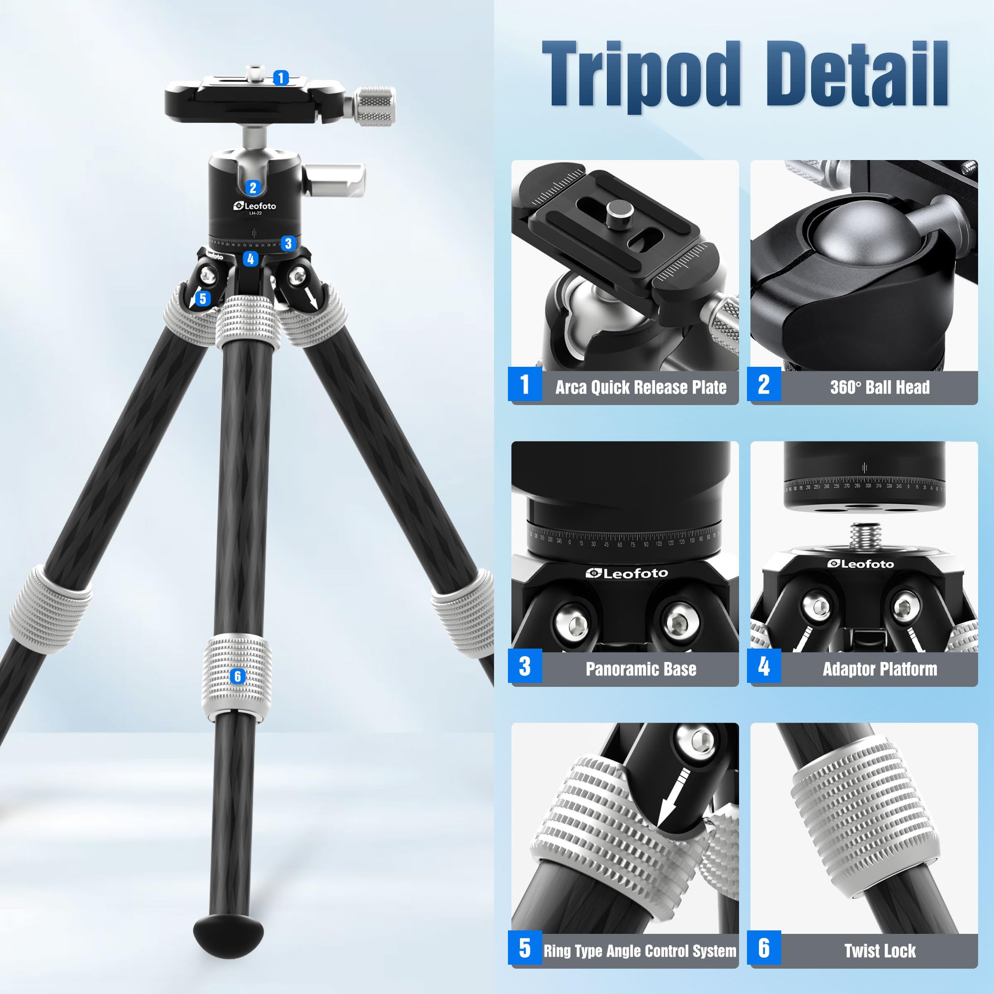 Leofoto Carbon Fiber Mini Table Tripod With 360° Ball Head For Camera, Lightweight Desktop Tripod With Panoramic Base, 1/4" Arca Qr Plate For Phone Adaptor/Projector/Slr, Max Height 10.43", Max Load 11Lb/5Kg