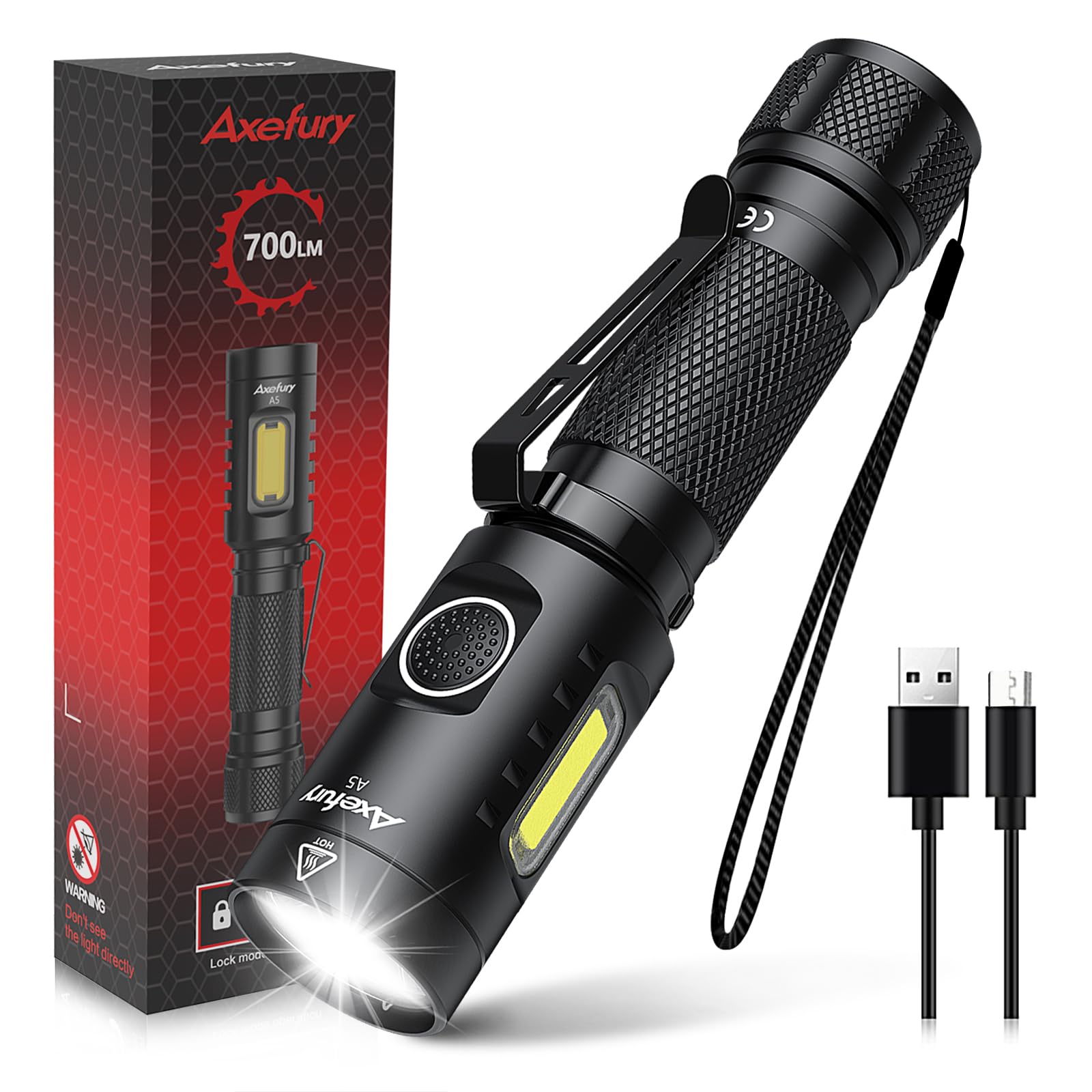 Axefury Flashlight, Rechargeable Magnetic Led Flashlight, Utility Flashlight With Cob Worklight,700 Lumens,6 Modes,Flashlight Waterproof For Camping,Emergency(Battery Included) 
