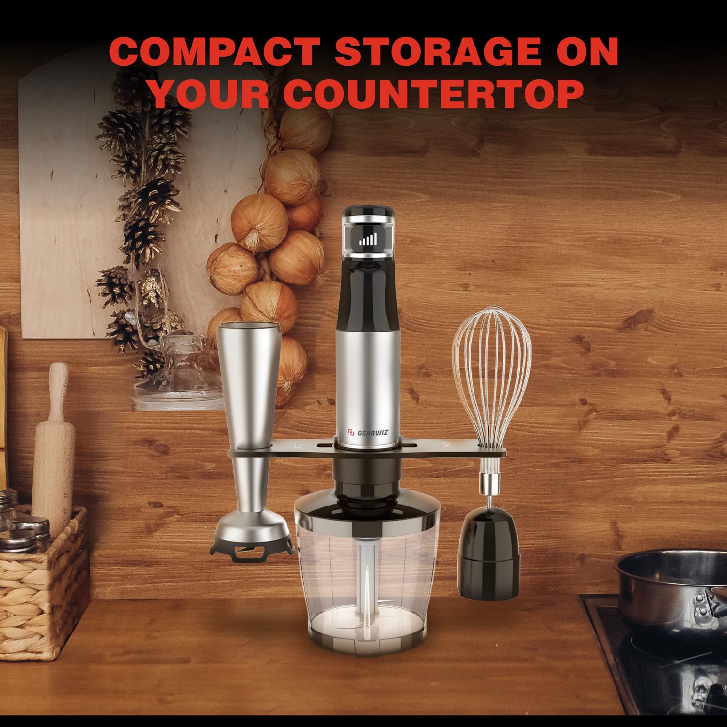 Gearwiz 1100W Corded Hand Blender – 6-In-1 Stick Blender – Variable Speed Immersion Blender With Titanium Blades – Corded Blender With Whisk Chopper Frother Storage Holder & Silicone Cover