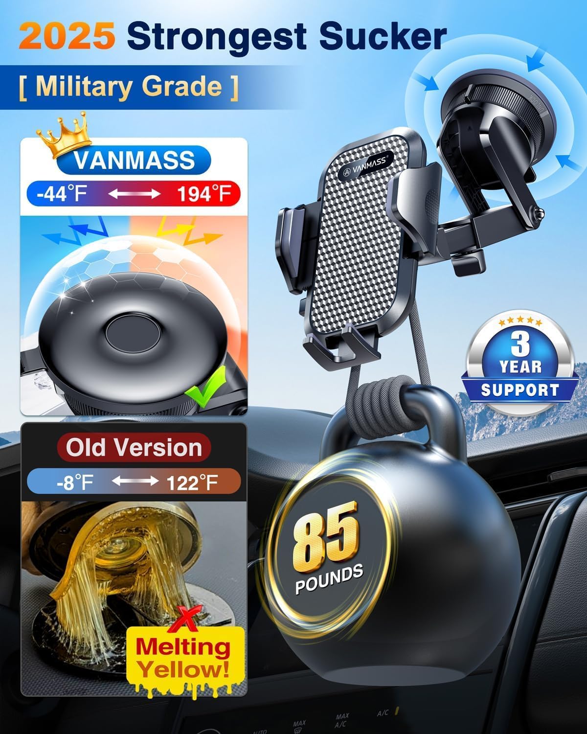 Vanmass [ True Military-Grade] Car Phone Holder [ Strongest Suction & Clip] Cell Phone Mount For Dashboard Windshield Vent,Truck Cradle Stand For Iphone 16 Pro Max 15 14 13 Samsung Android