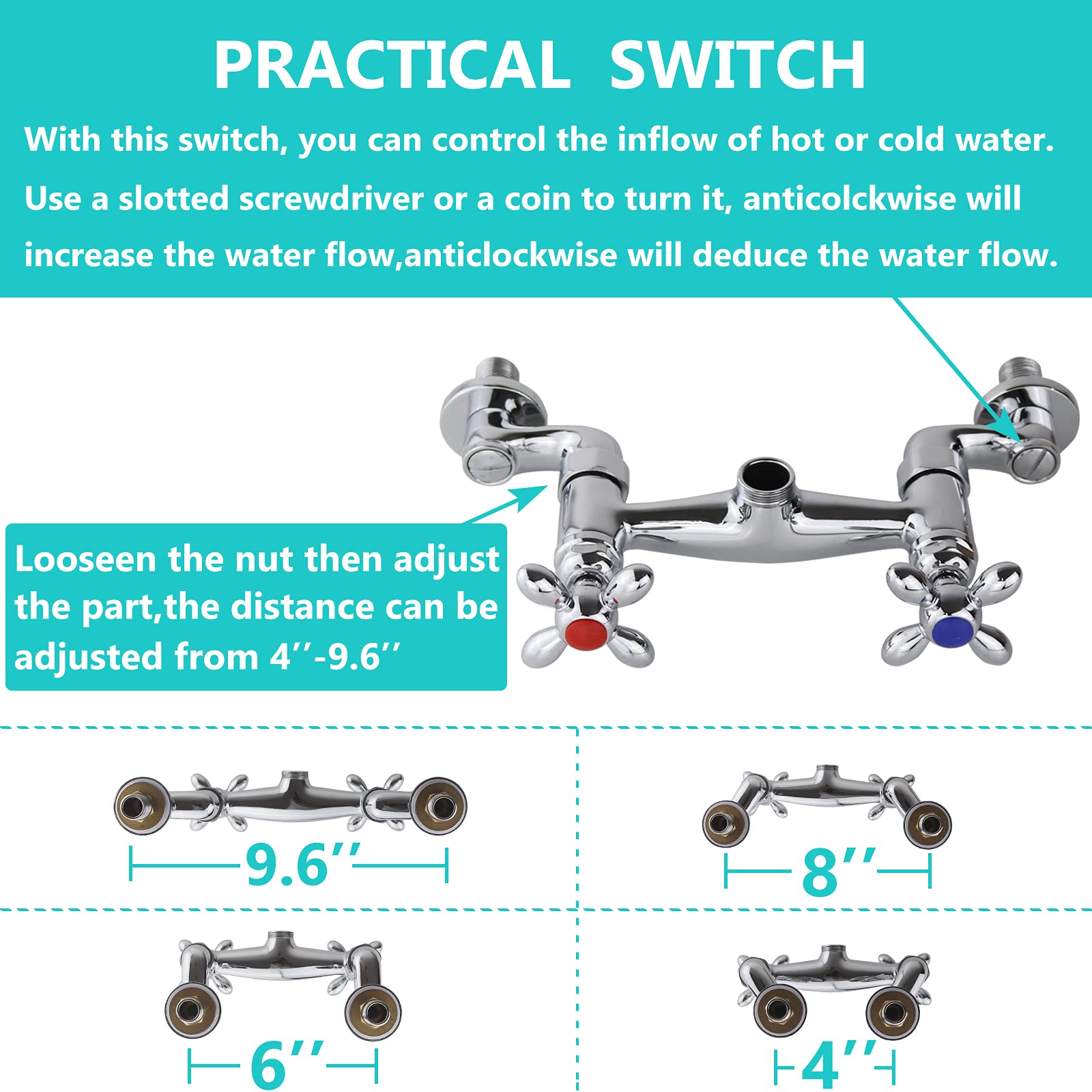 Yoogyy Commercial Kitchen Sink Faucet With Pre-Rinse Sprayer Commercial Wall Mounted Faucets For Kitchen 4'' To 8'' Adjustable Center 26'' Height Restaurant Faucet With 12’’ Add-On Swing Spout