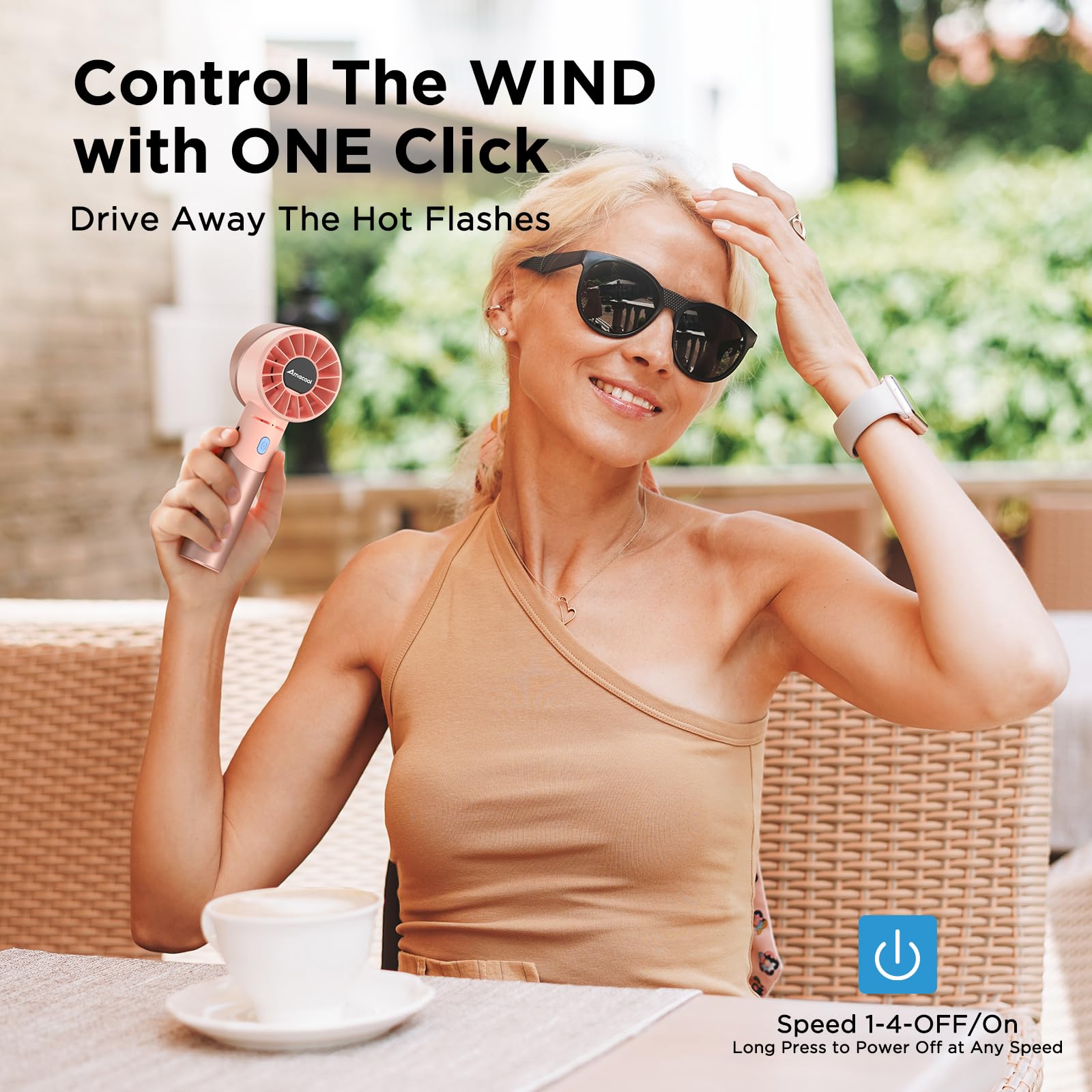 Portable Amacool turbo fan, 4-speed settings, metal design, and 17-hour battery life for efficient cooling