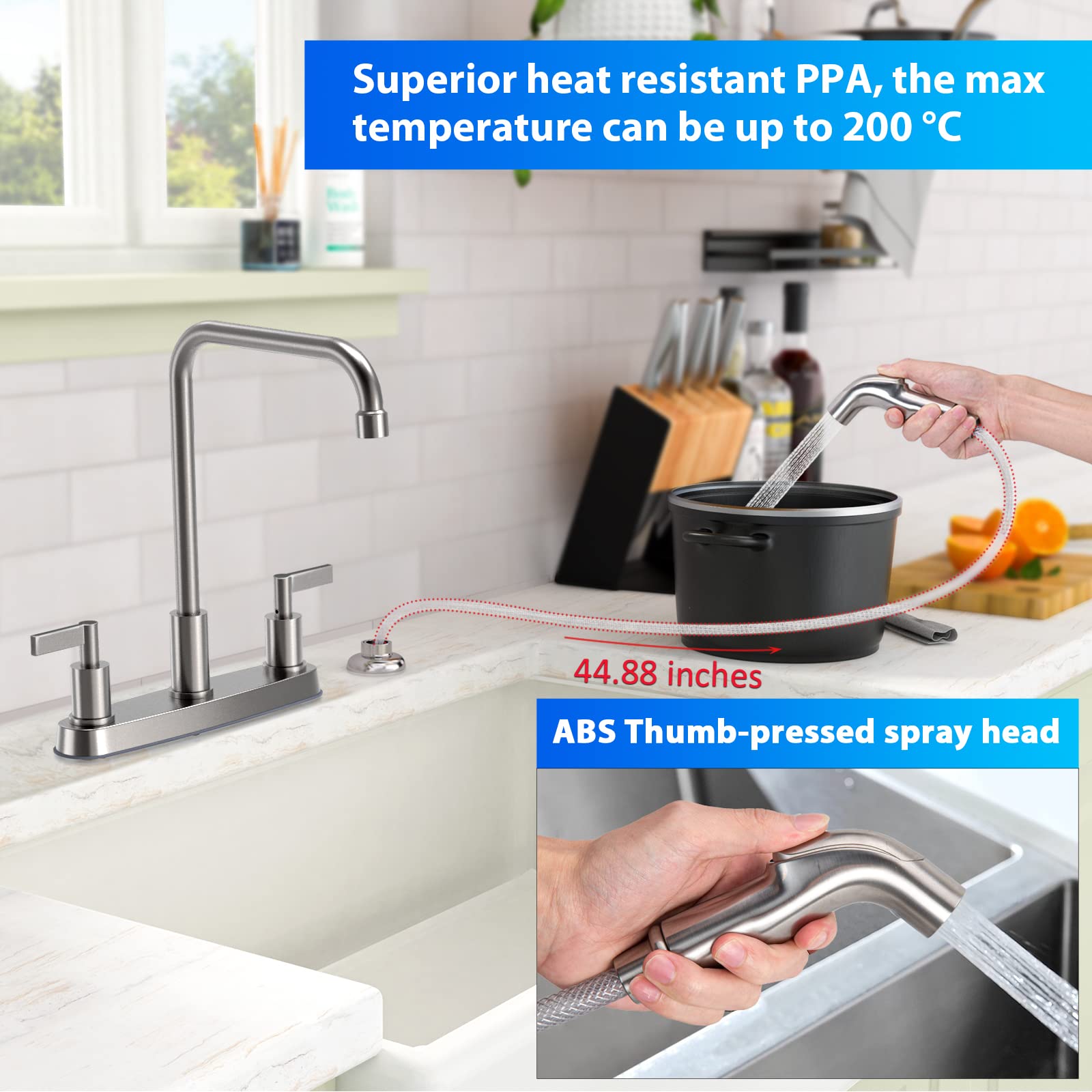 Gowin Kitchen Faucet With Sprayer,Brushed Nickel Kitchen Sink Faucet,3 Hole Or 4 Hole Faucet For Kitchen Sink,Stainless Steel 2 Handle Kitchen Faucet With Side Sprayer,4 Hole Kitchen Faucets