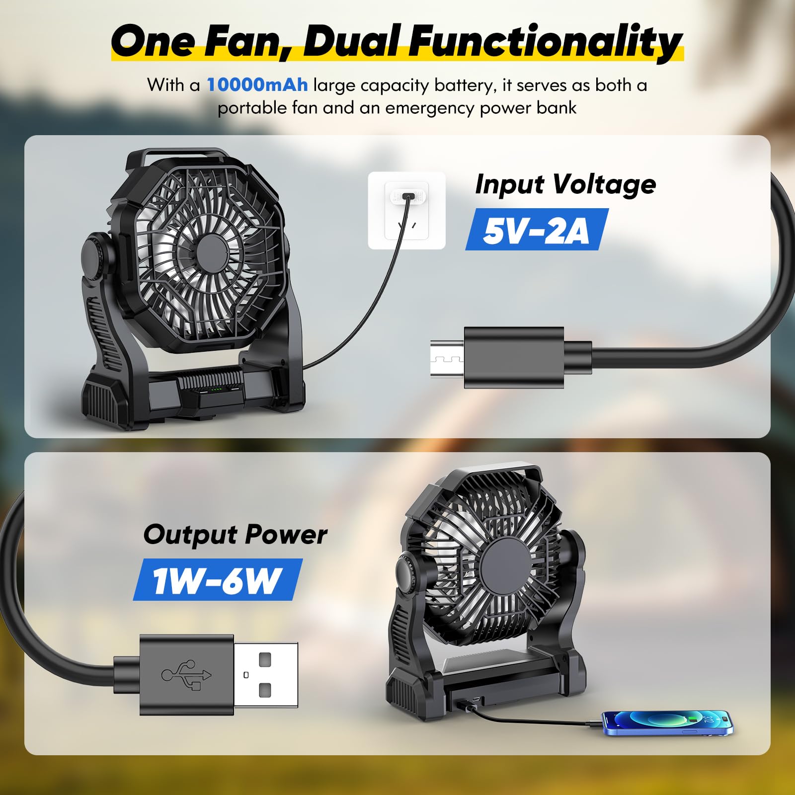 Portable Fan Rechargeable, Real 10000Mah Battery Powered Fan With Led Light And Hook