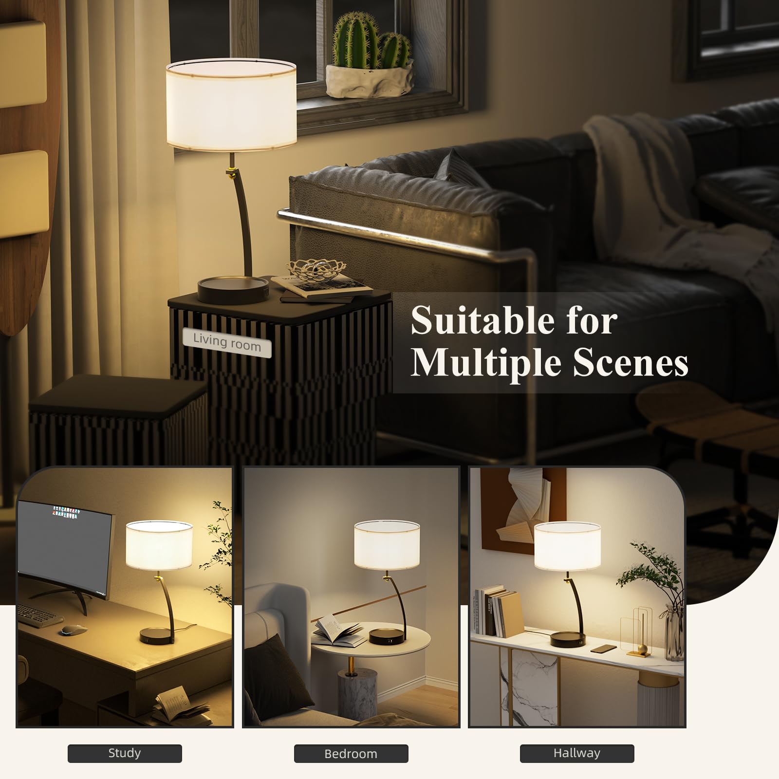 Hymela C07-3 Bedside Table Lamp - 3-Way Dimmable Touch Lamps For Bedroom, Black Nightstand Lamp With Usb C+A Charging Ports, Simple Modern Side Lamps For Living Room, Entryway, Hallway, Bulb Included