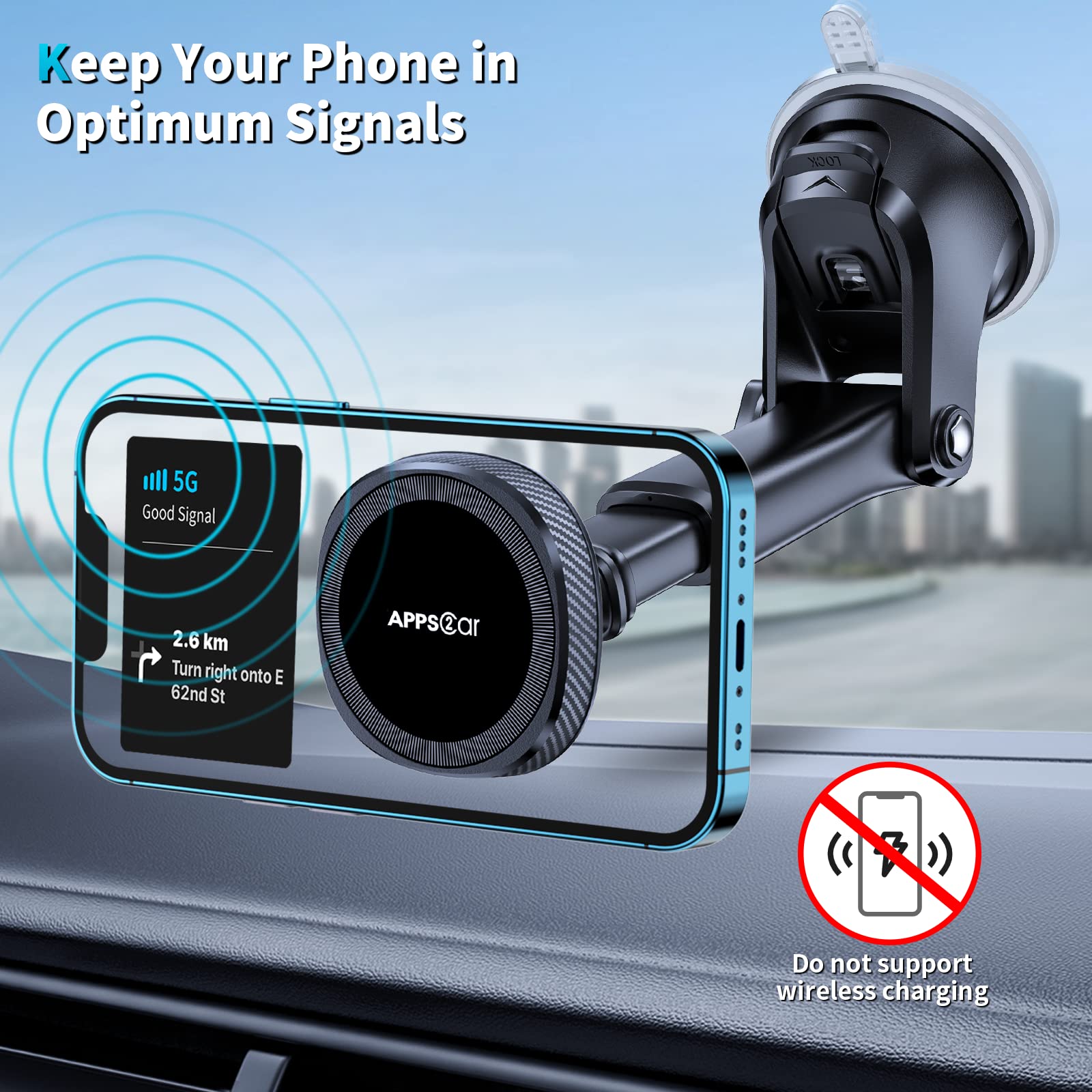 Apps2Car For Magsafe Car Mount, Magnetic Phone Holder For Car Dashboard Windshield Iphone Mount Holder Compatible With Iphone 16 15 14 13 12 Pro Plus Max, 17 Strong Magnets, Charging Not Supported