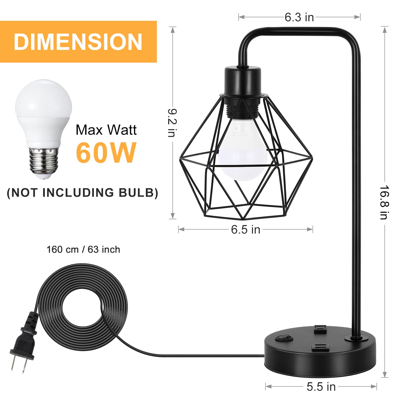 Bty Industrial Table Lamps Set Of 2 Vintage Desk Lamp Metal Cage Nightstand Bedside Lamp With Dual Usb Charging Ports And Ac Outlet For Bedroom Living Room Office (Black)