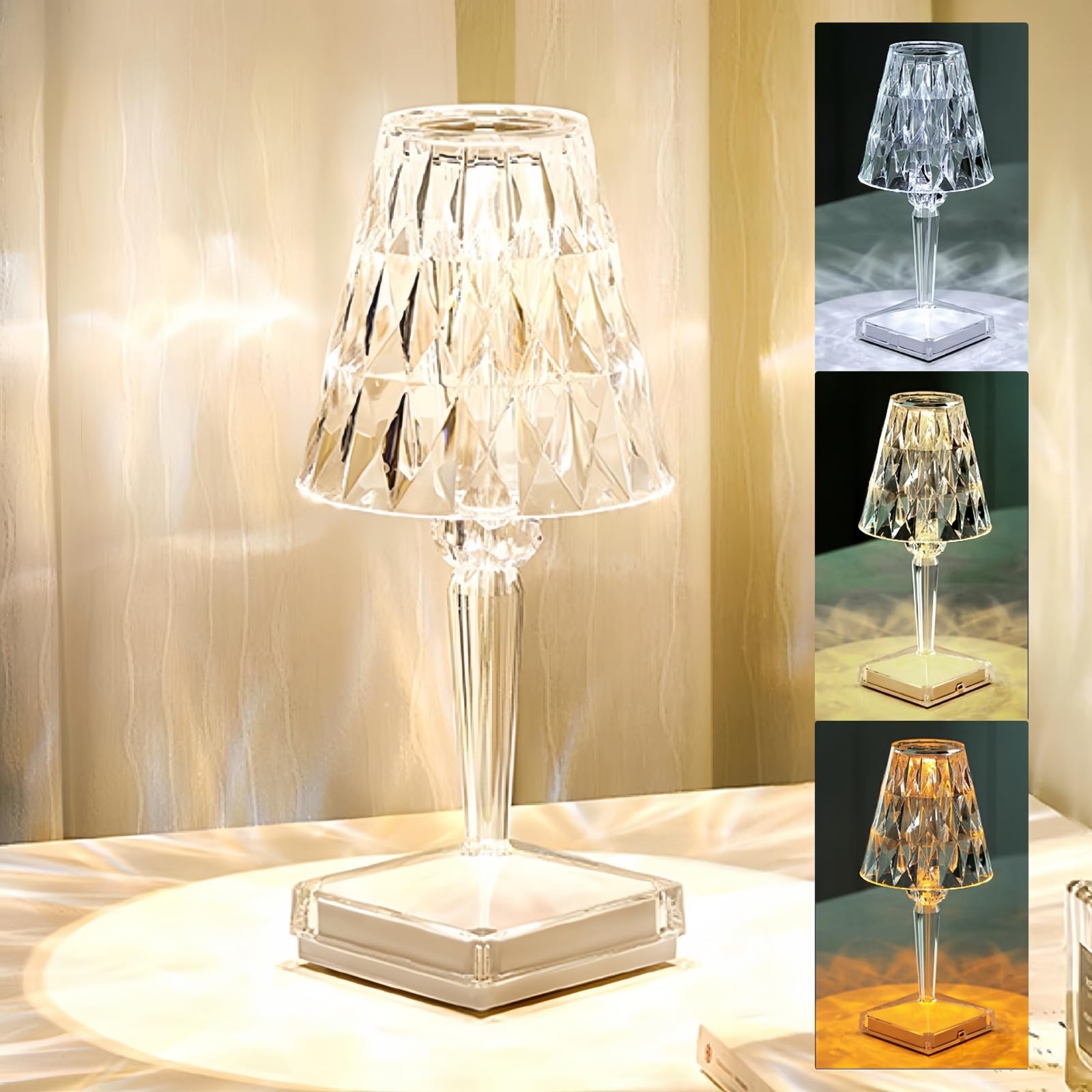 Solis Convene Crystal Cordless Lamp, Touch Dimmable 3 Color Led Rechargeable Romantic Small Lamp, Battery Operated Decor Night Light For Bedroom, Living Room, Party, Dinner, Bar