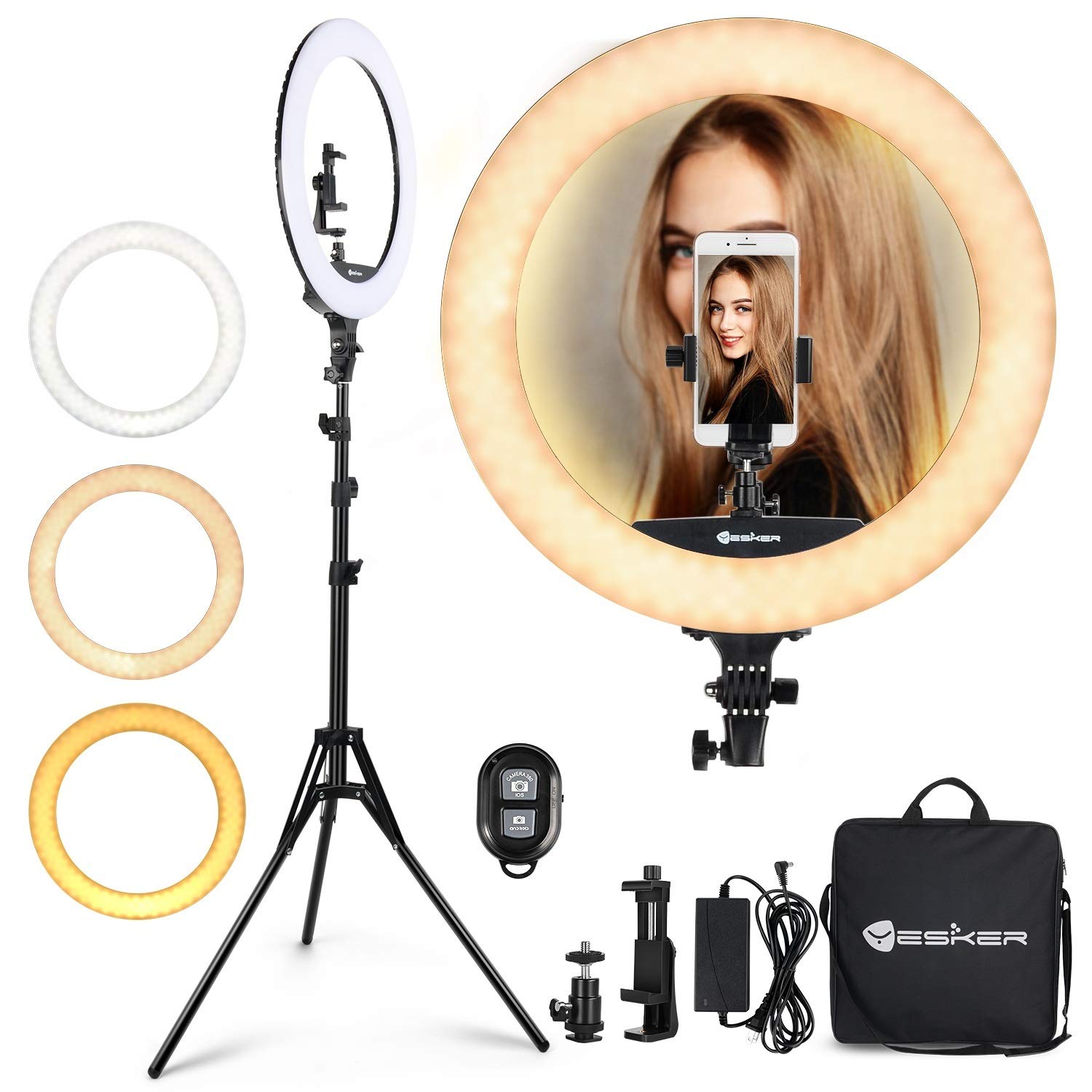 Yesker Ring Light 18 Inch Led Ringlight Kit With 73 Inch Tripod Stand With Phone Holder Adjustable 3200-6000K Color Temperature Circle Mua Lighting For Camera For Vlog, Makeup,Youtobe, Video Shooting, Selfie