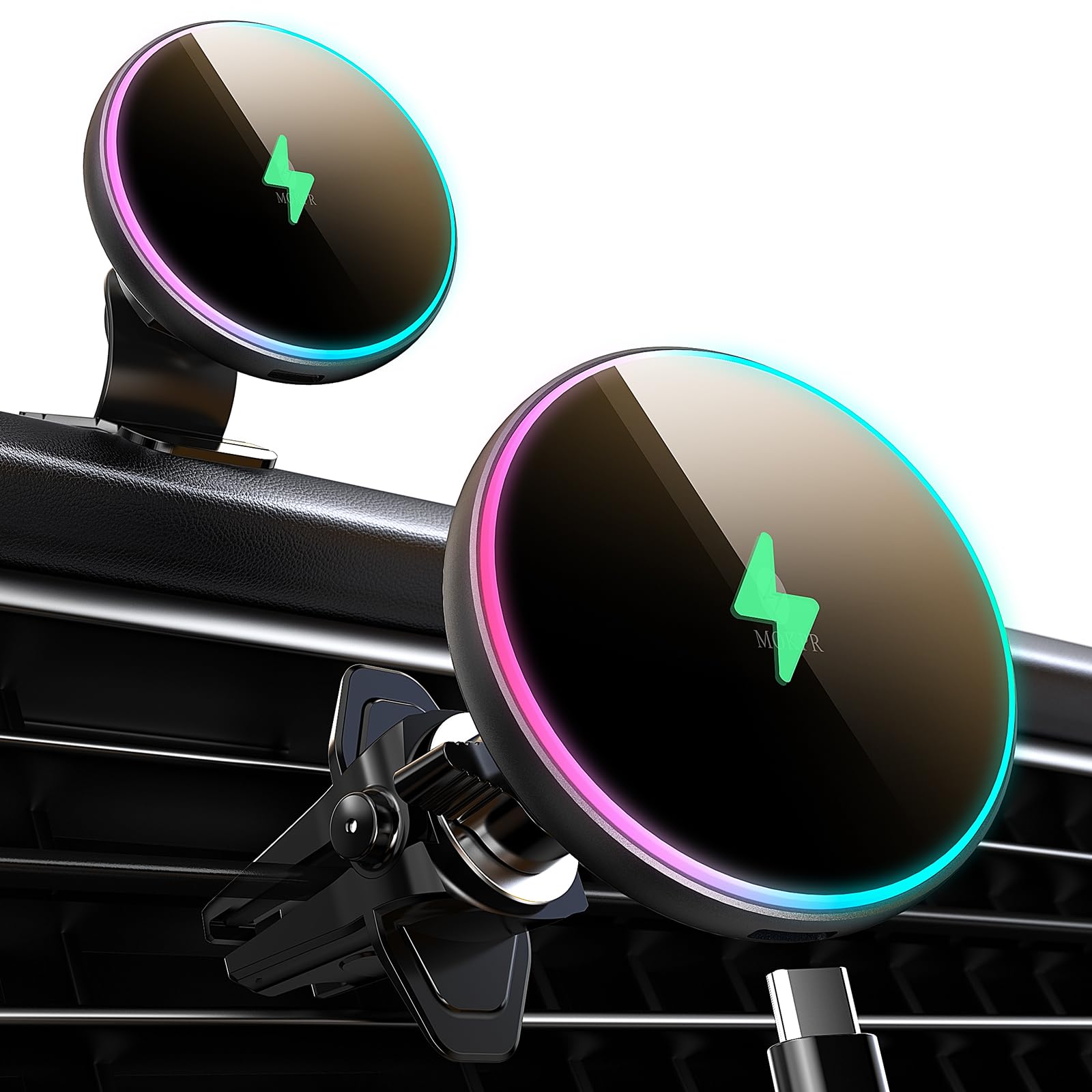 Mokpr For Magsafe Car Mount Charger-15W Wireless Car Charger-Magnetic Car Phone Holder For Dash Air Vent-Led Rgb Hands Car Mount Fast Car Charger For Iphone 14/13/12 Series