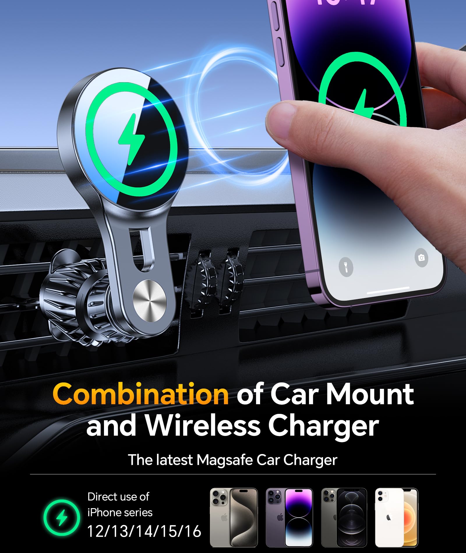 Lantazi For 15W Magsafe Car Mount Charger【Long Arm】 Magnetic Wireless Car Charger Magsafe Charger Car Accessories Mag Safe Car Mount Holder Vent Magsafe Car Charger Mount For Iphone 16 Pro Max 15 14 13 Plus