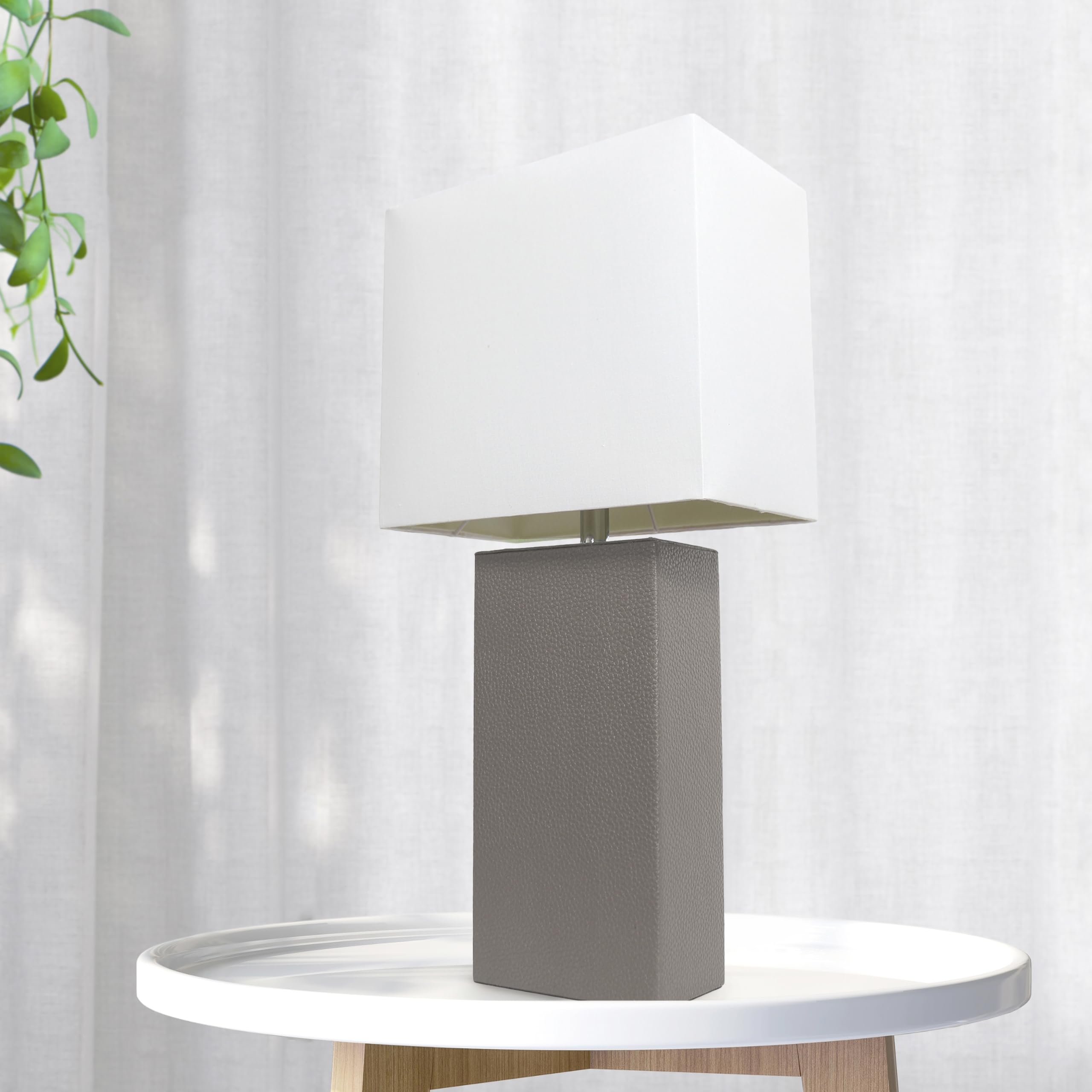 Lalia Home Lexington 21" Leather Base Modern Home Décor Bedside Table Lamp For Living Room, Bedroom, Entryway, Foyer, Or Office With White Rectangular Fabric Shade (Gray)